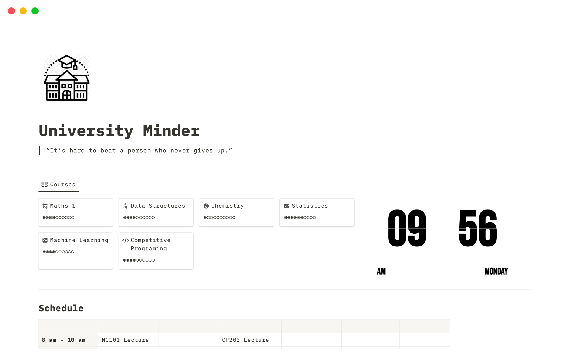 A template preview for University Minder