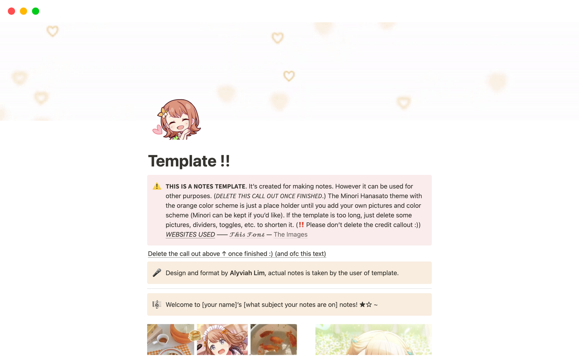 A template preview for Notes