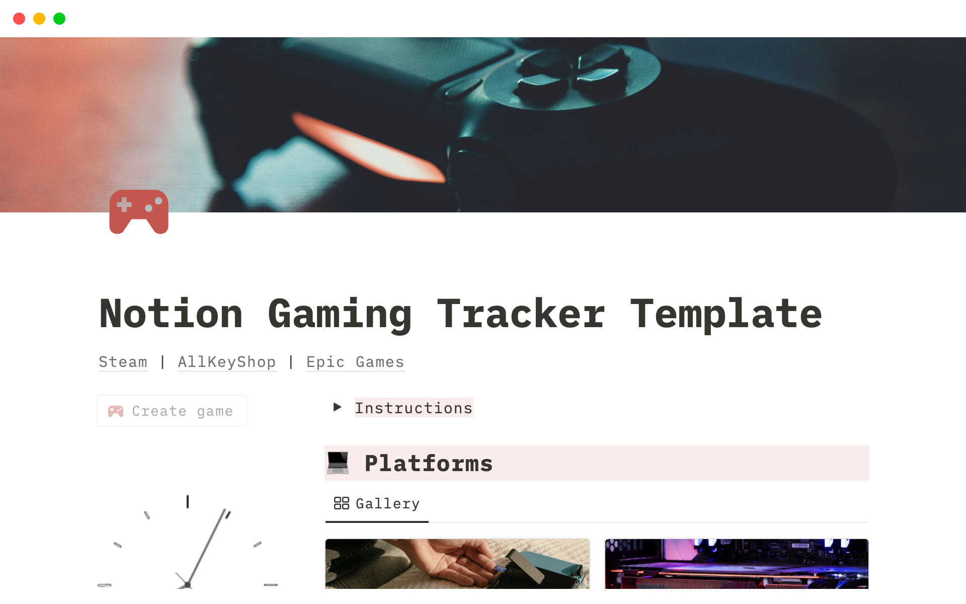 En forhåndsvisning av mal for Notion Gaming Tracker Template