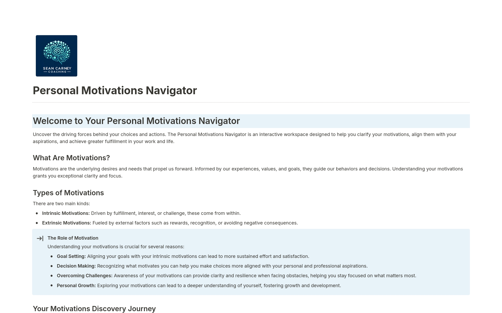 The Personal Motivations Navigator: A concise Notion template for discovering and aligning life with your core motivators through reflection and actionable steps.