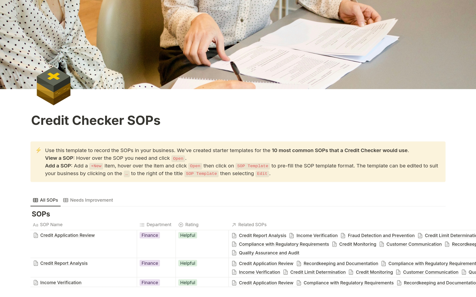A template preview for Credit Checker SOPs