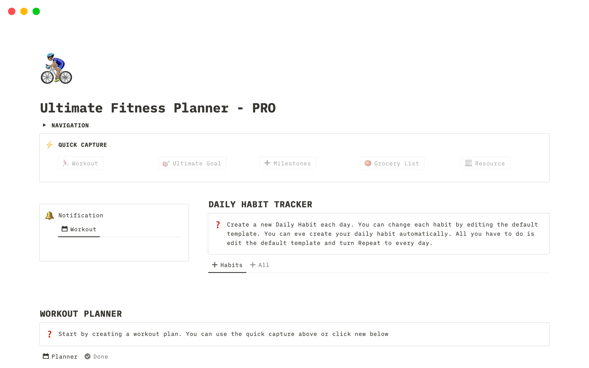En forhåndsvisning av mal for Ultimate Fitness Planner - PRO