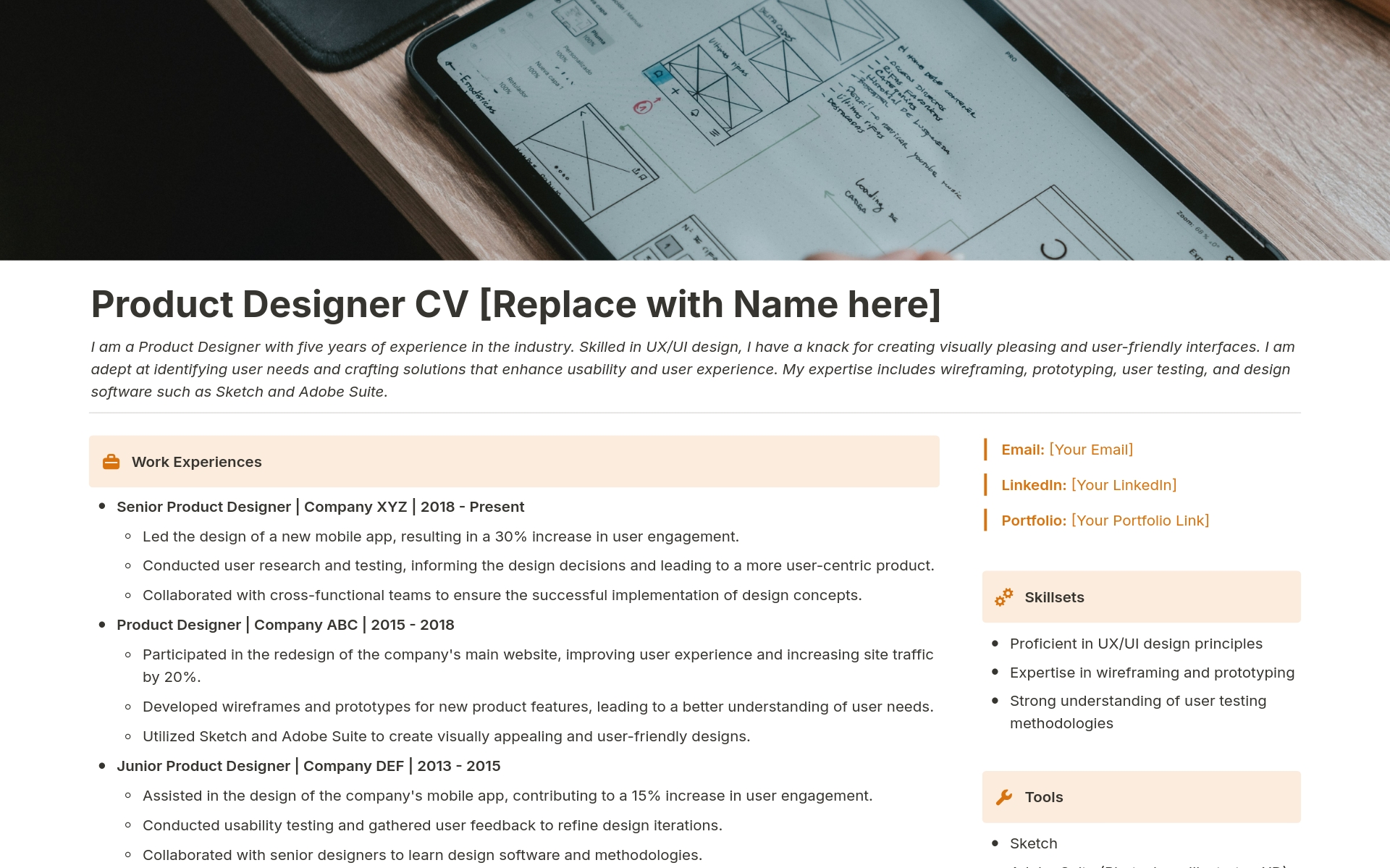 En förhandsgranskning av mallen för Product Designer CV