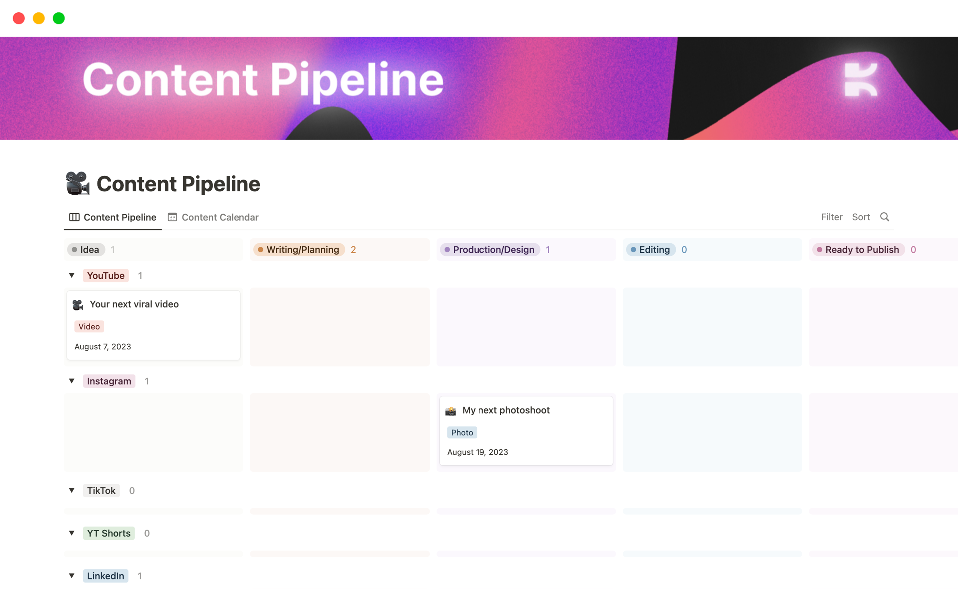 A template preview for Content Pipeline
