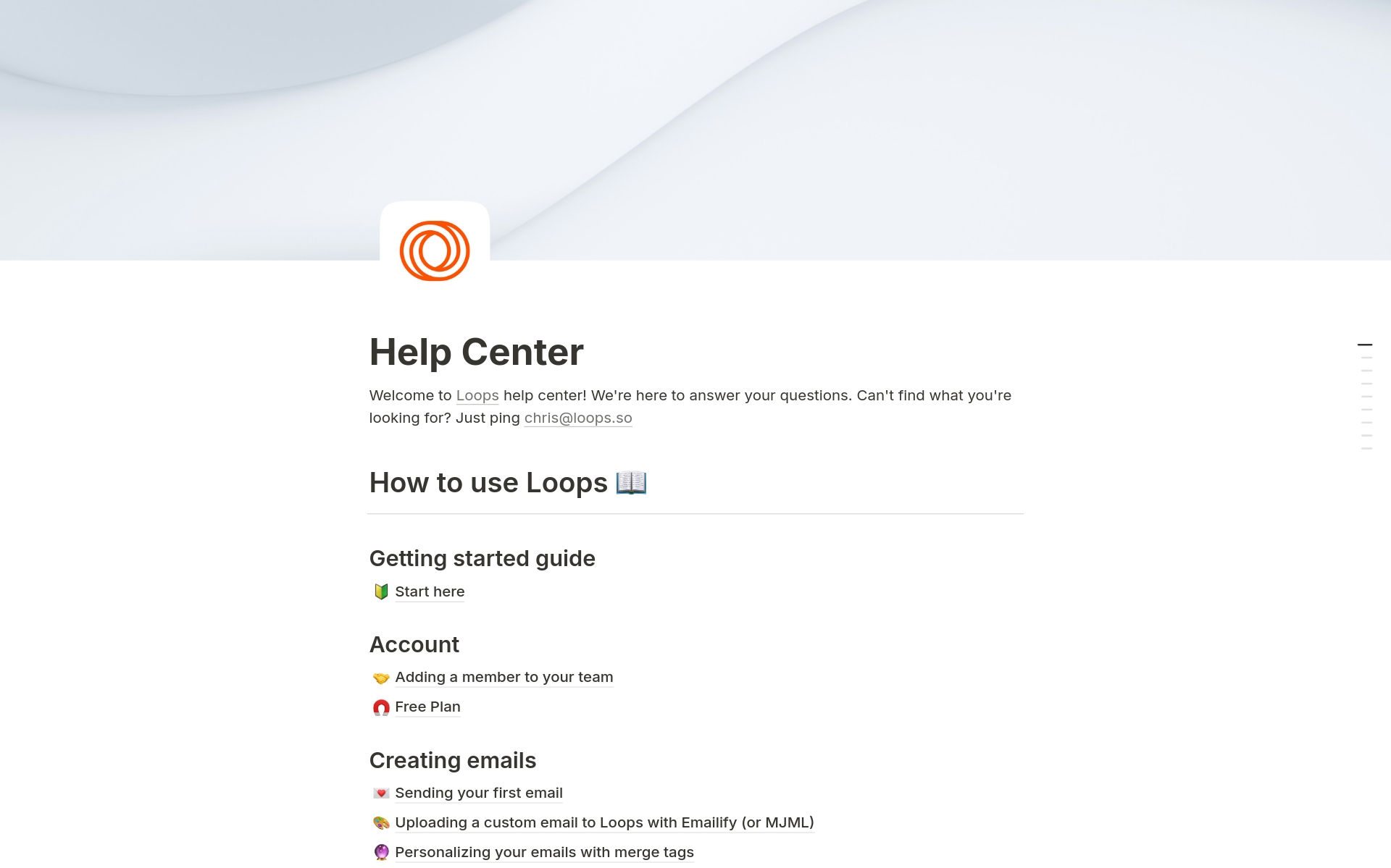 Eine Vorlagenvorschau für Loops' Help Center