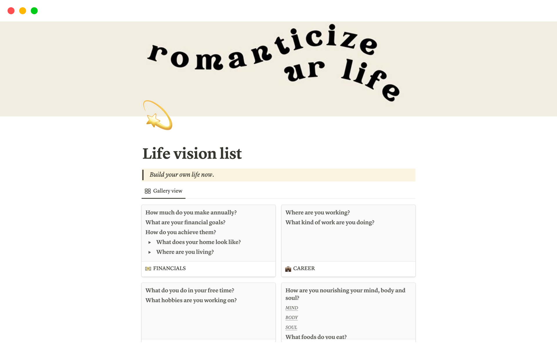En forhåndsvisning av mal for Life vision list