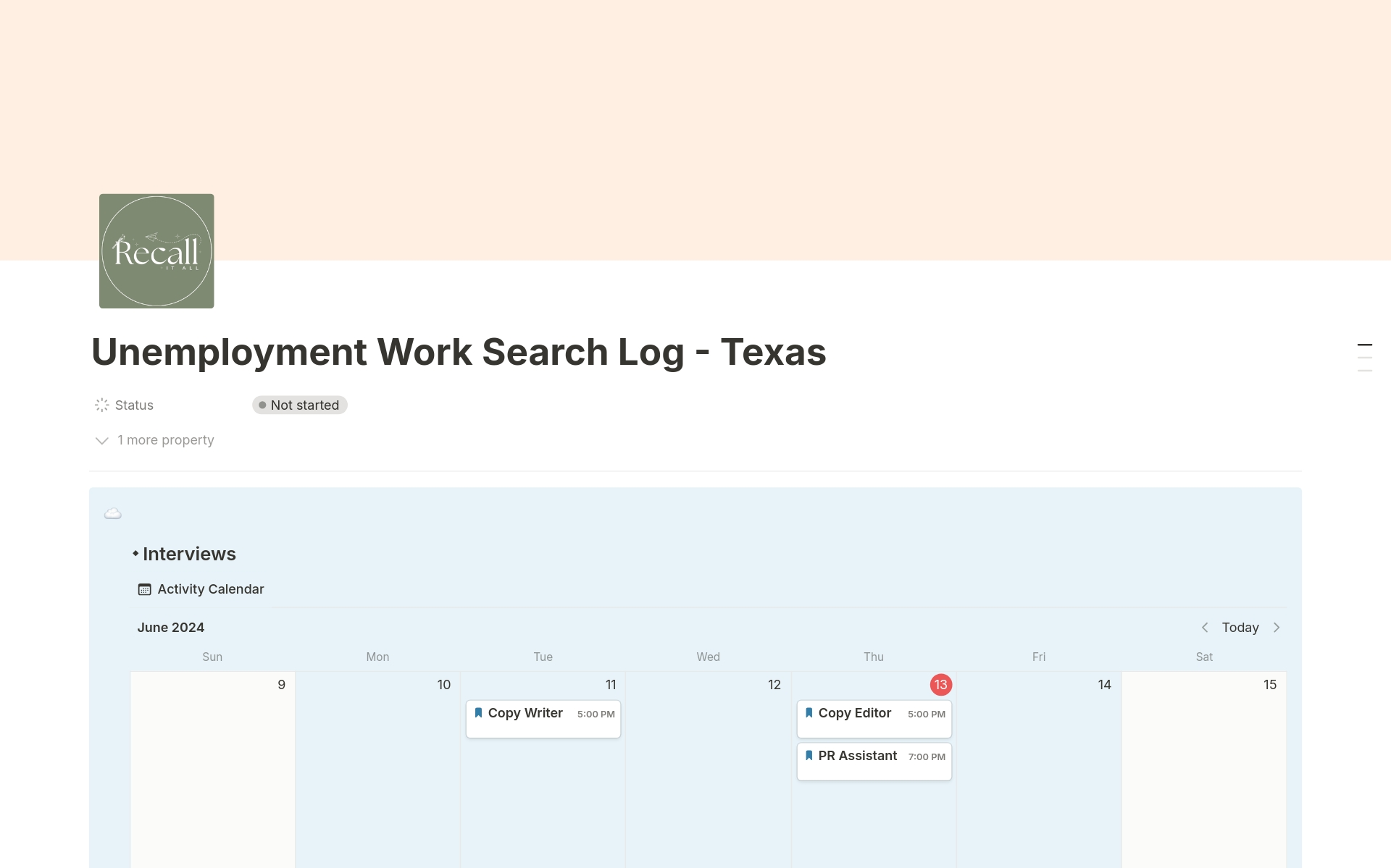 En forhåndsvisning av mal for Texas Unemployment Work Search Activity Log
