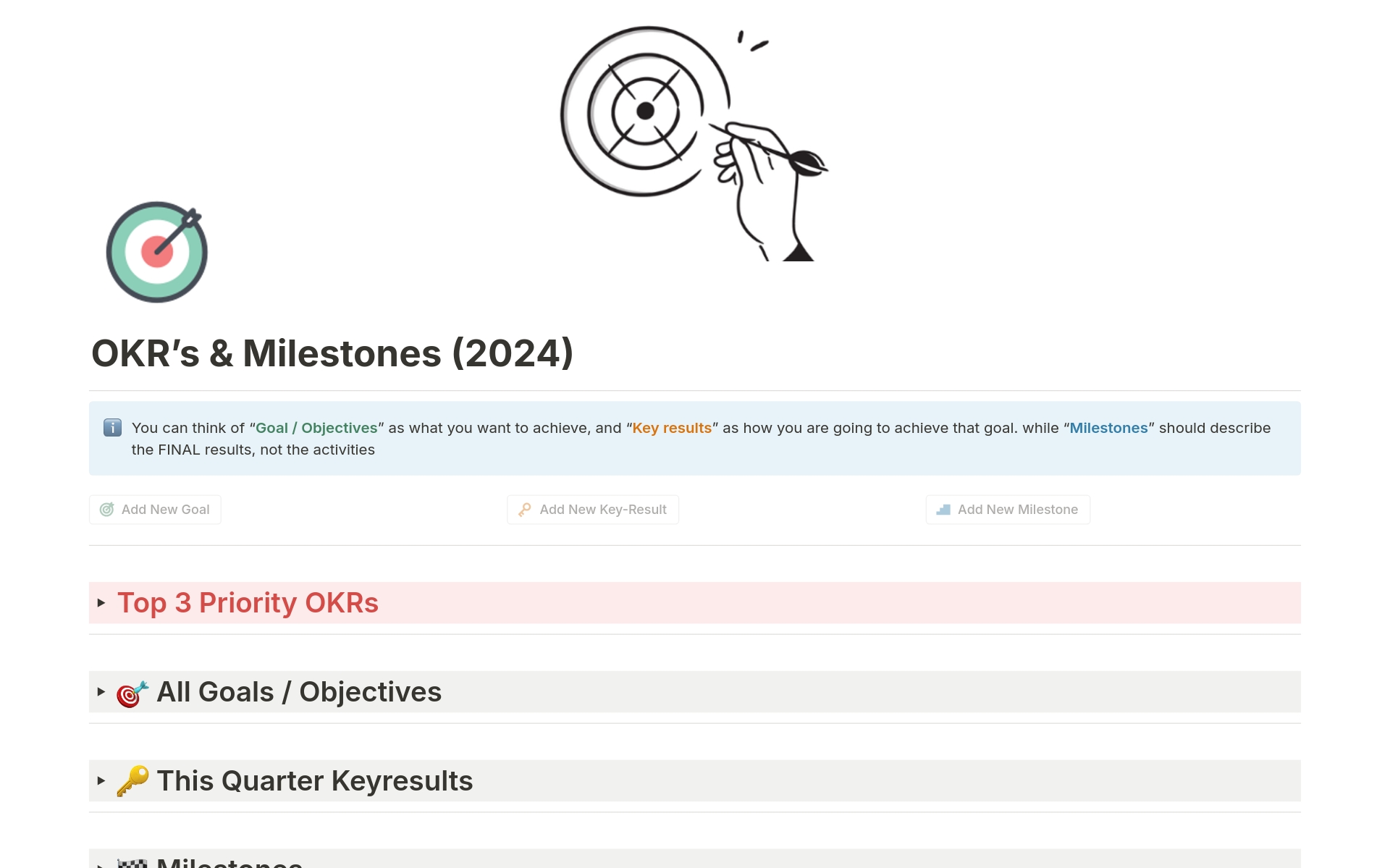 This OKR template, unlike the others, helps you set goals for this month, this quarter, and all your big goals. You can track how well you're doing with key results overview, and see important milestones along the way. It's like a map that helps you reach your goals!