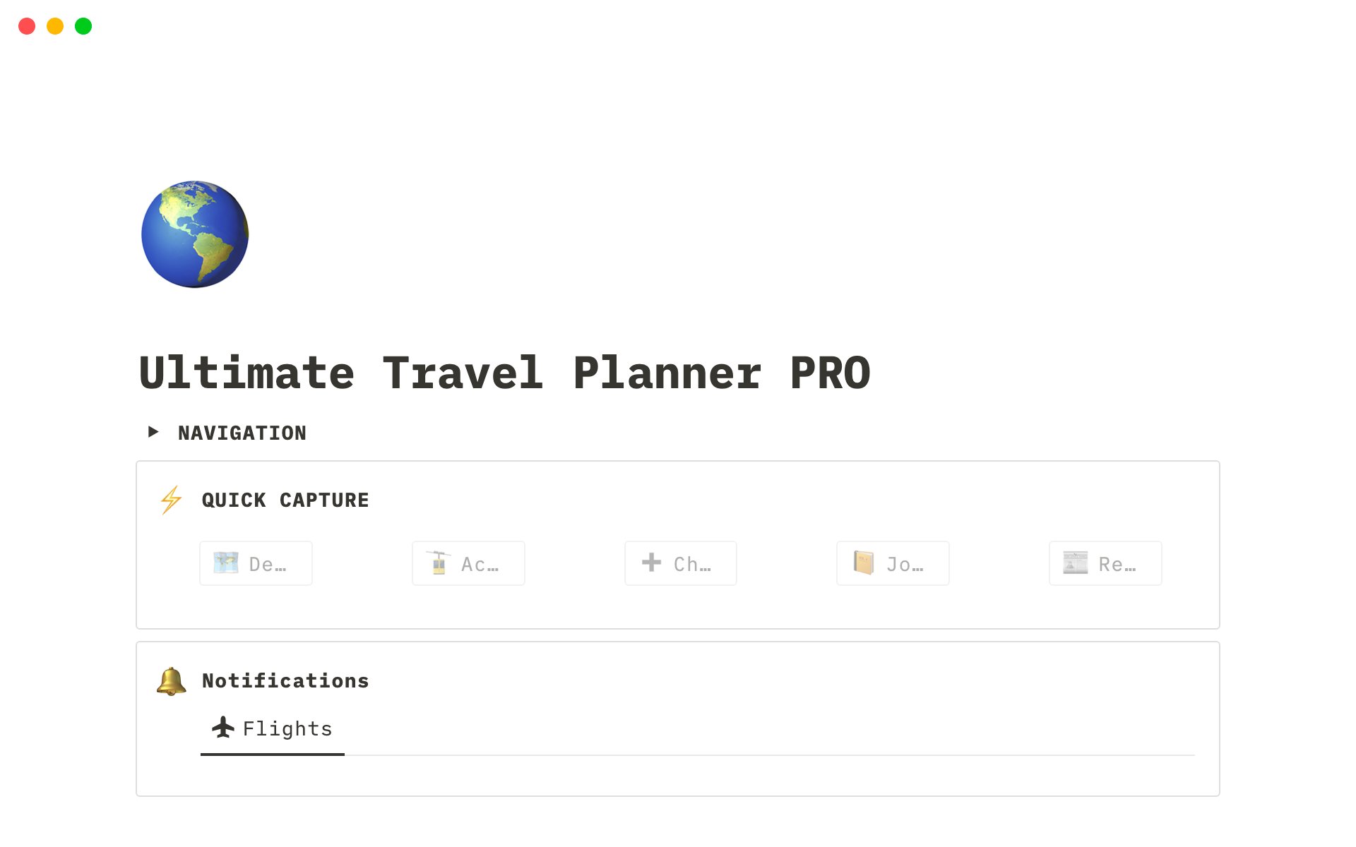En förhandsgranskning av mallen för Ultimate Travel Planner PRO