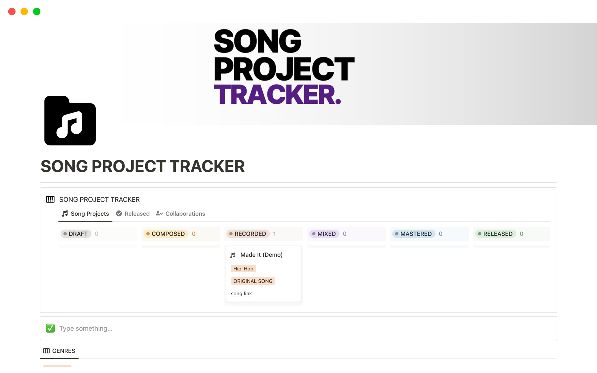 Uma prévia do modelo para Song Project Tracker