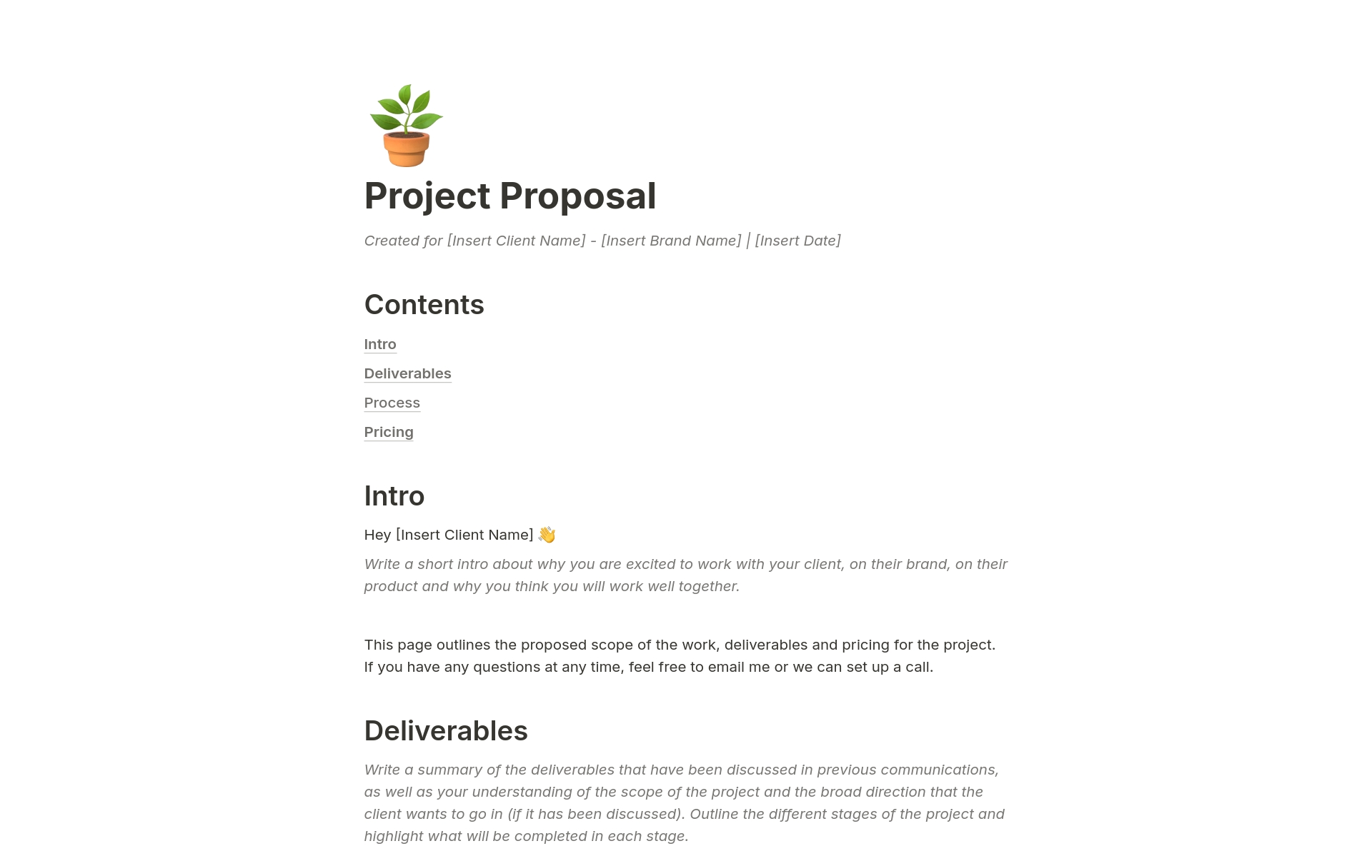 En forhåndsvisning av mal for Design Project Proposal