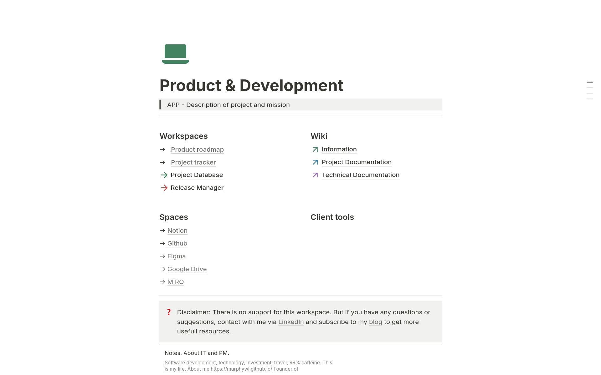En forhåndsvisning av mal for Product & Development