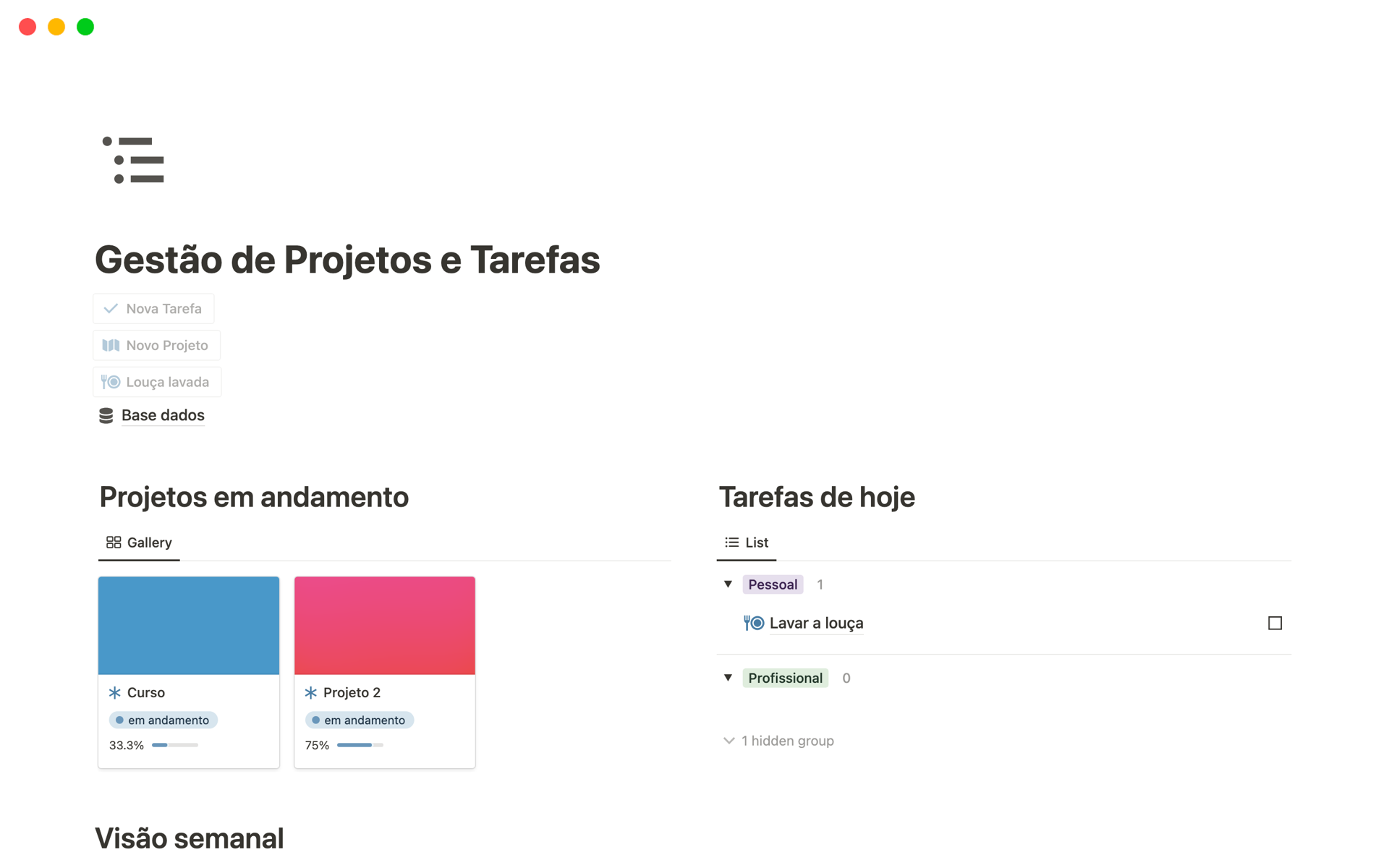 En forhåndsvisning av mal for Gestão de Projetos e Tarefas