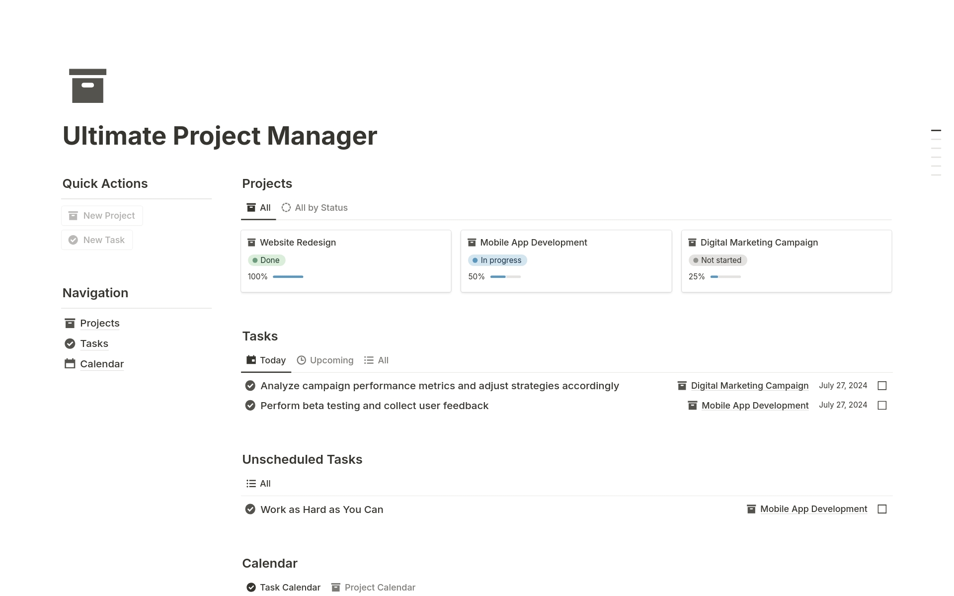 En forhåndsvisning av mal for Ultimate Project Manager