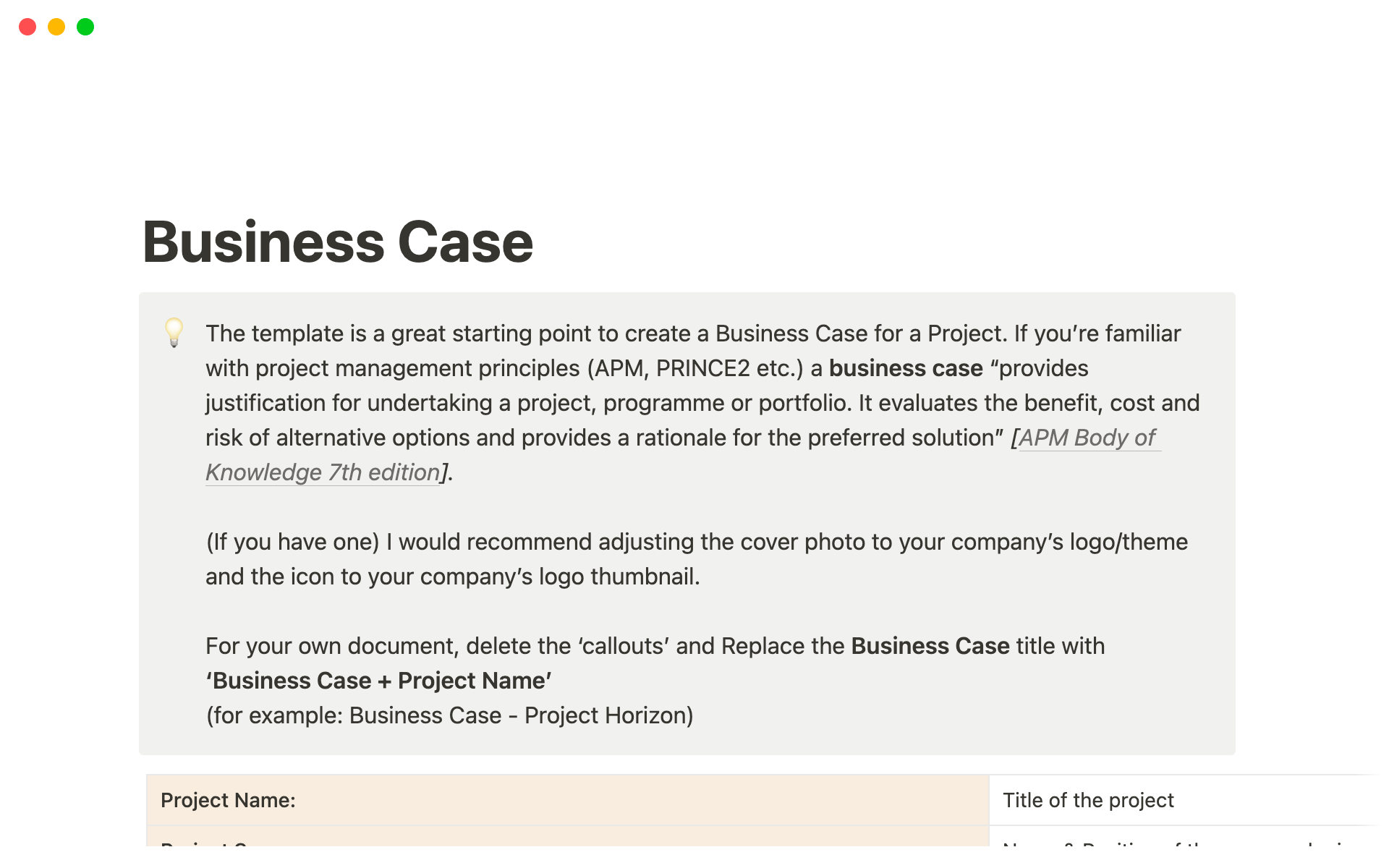 En forhåndsvisning av mal for Business Case Template