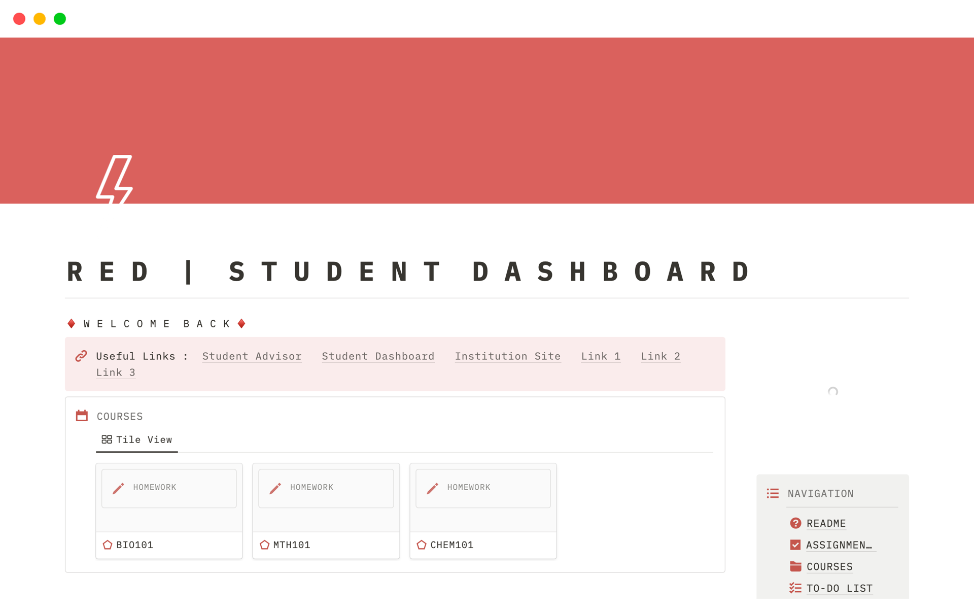 En forhåndsvisning av mal for Student Dashboard