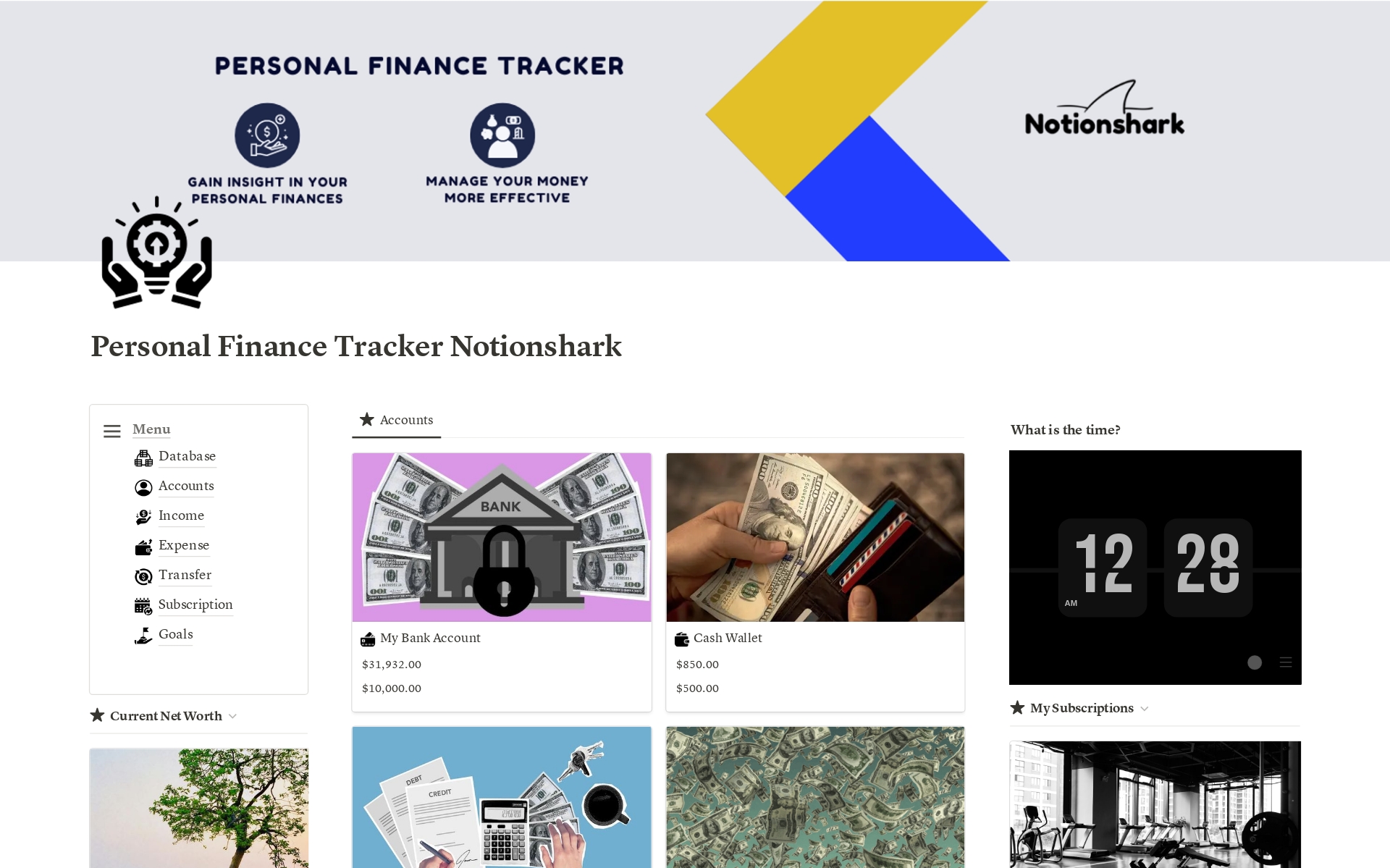 Personal Finance Tracker Notionsharkのテンプレートのプレビュー