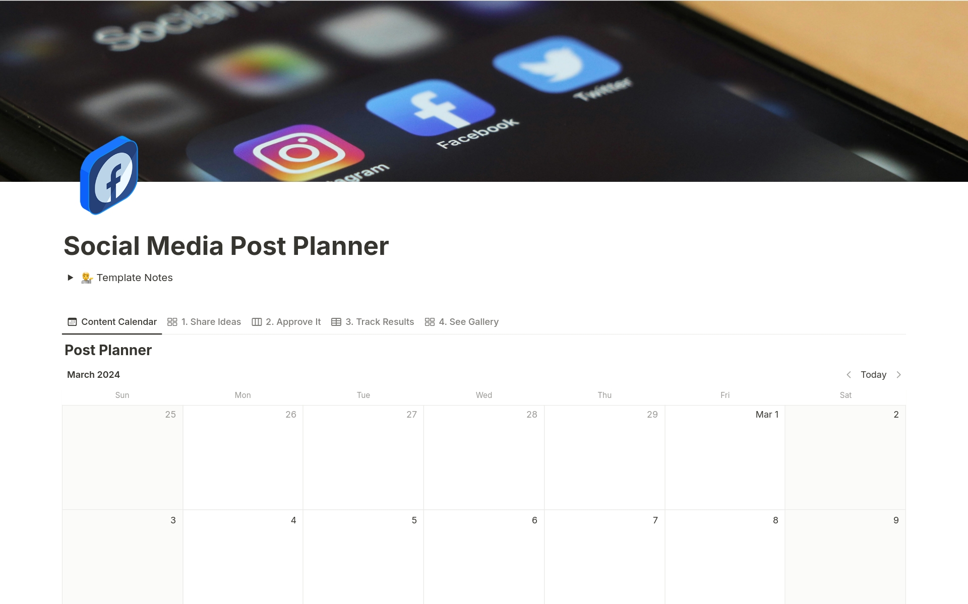 Vista previa de una plantilla para Social Media Post Planner