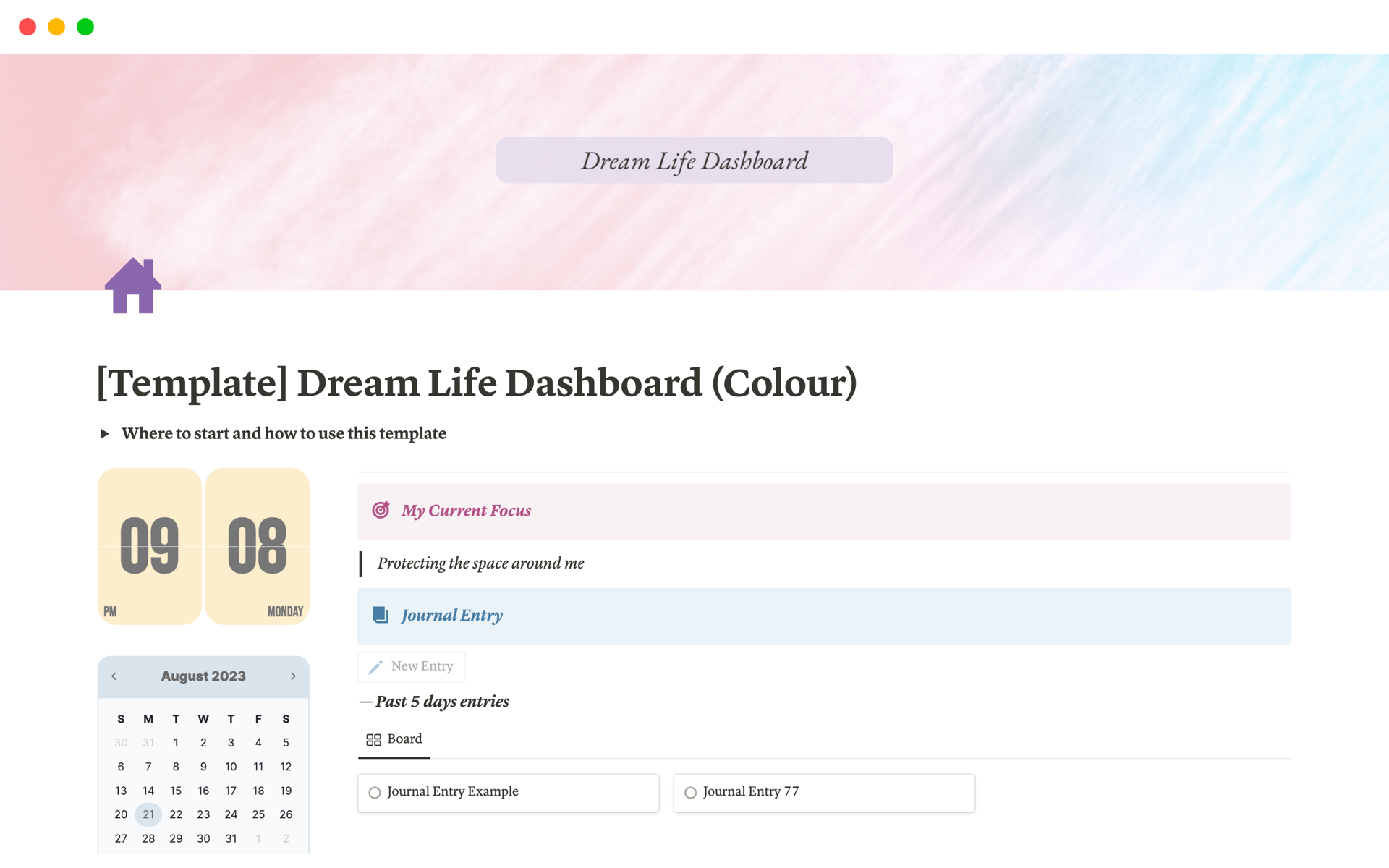En forhåndsvisning av mal for Dream Life Planner | Ideal Life Vision Board