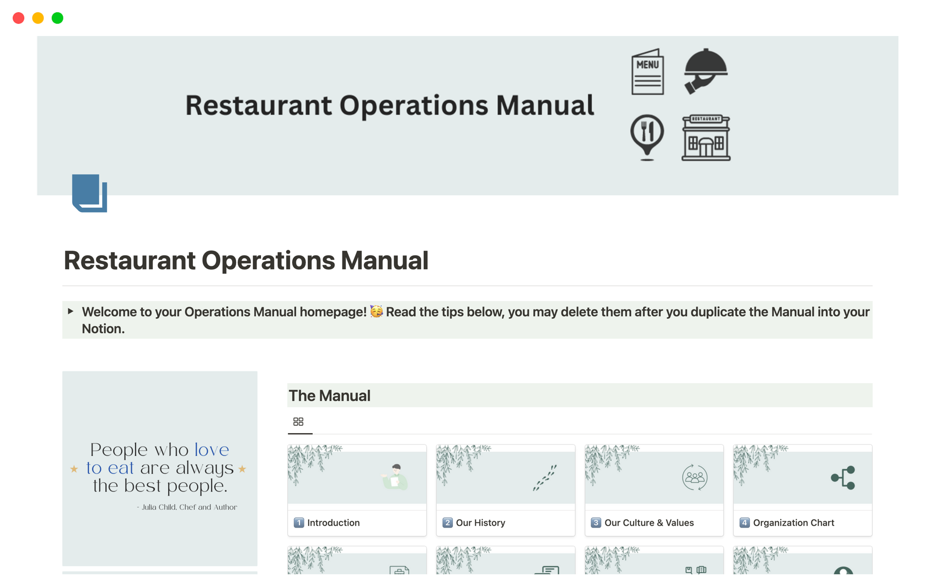 En forhåndsvisning av mal for Restaurant Operations Manual