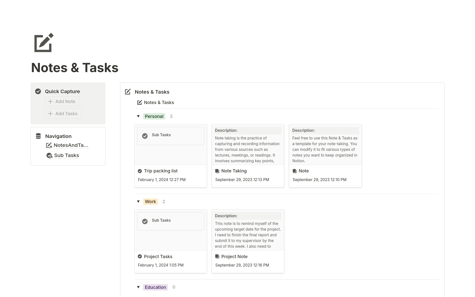 A template preview for Notes & Tasks