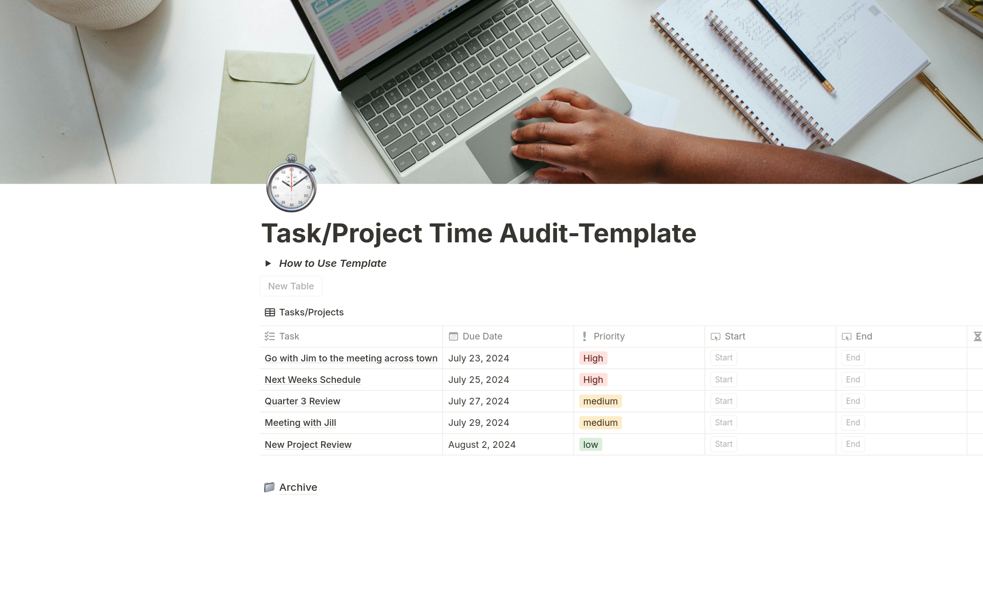 En forhåndsvisning av mal for Task/Project Time Audit