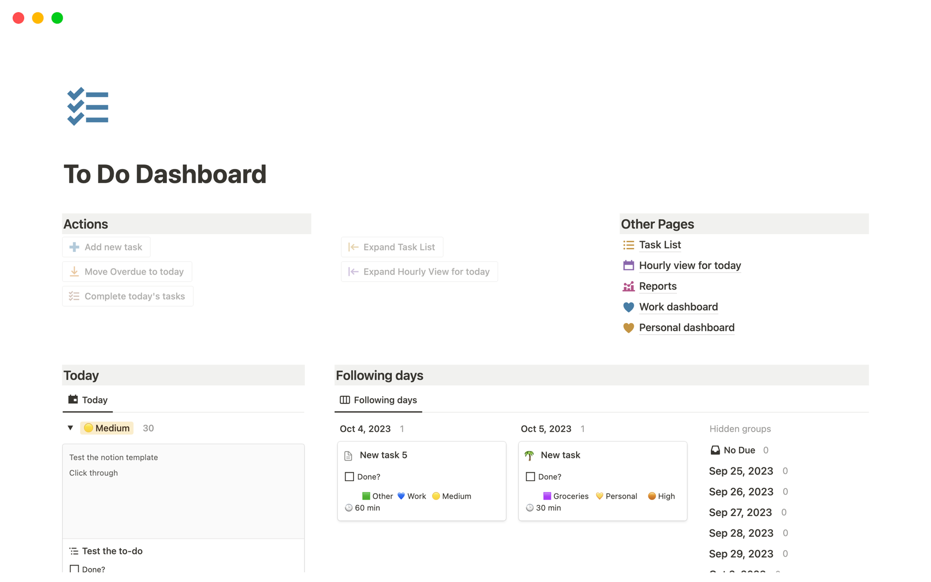 A template preview for To Do Dashboard