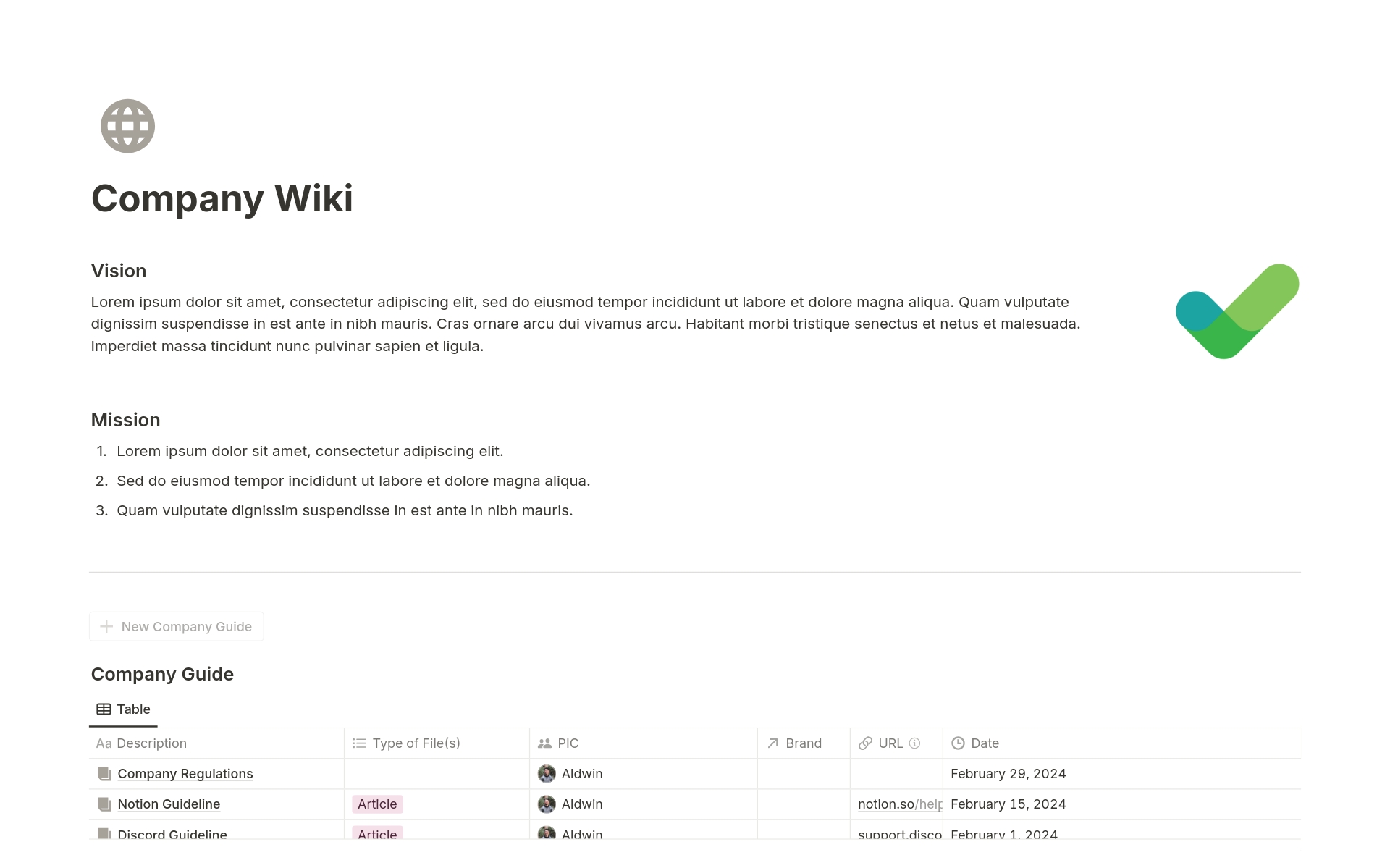En förhandsgranskning av mallen för Company Wiki & Guideline