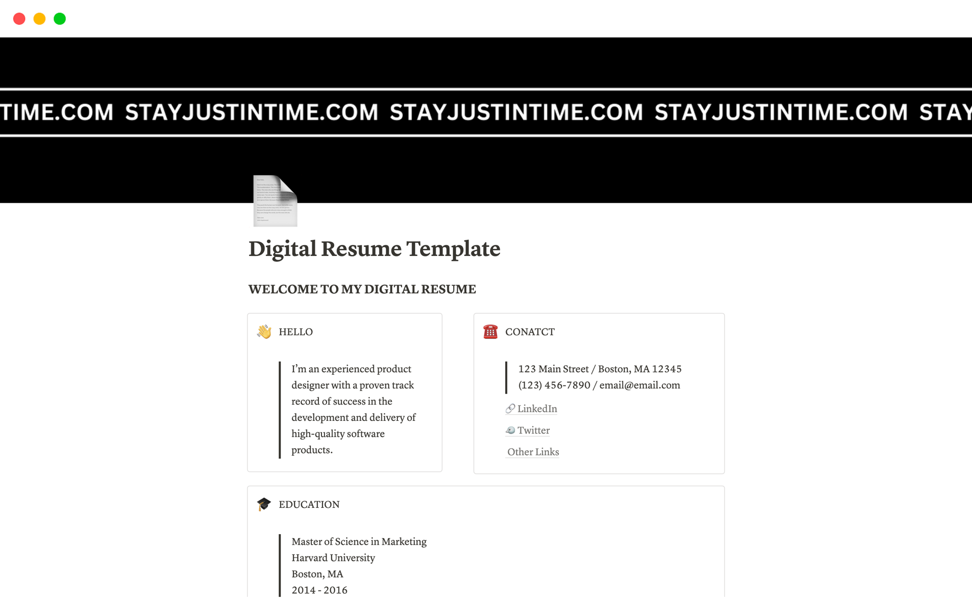 Showcase your professional journey with our sleek digital resume notion template.