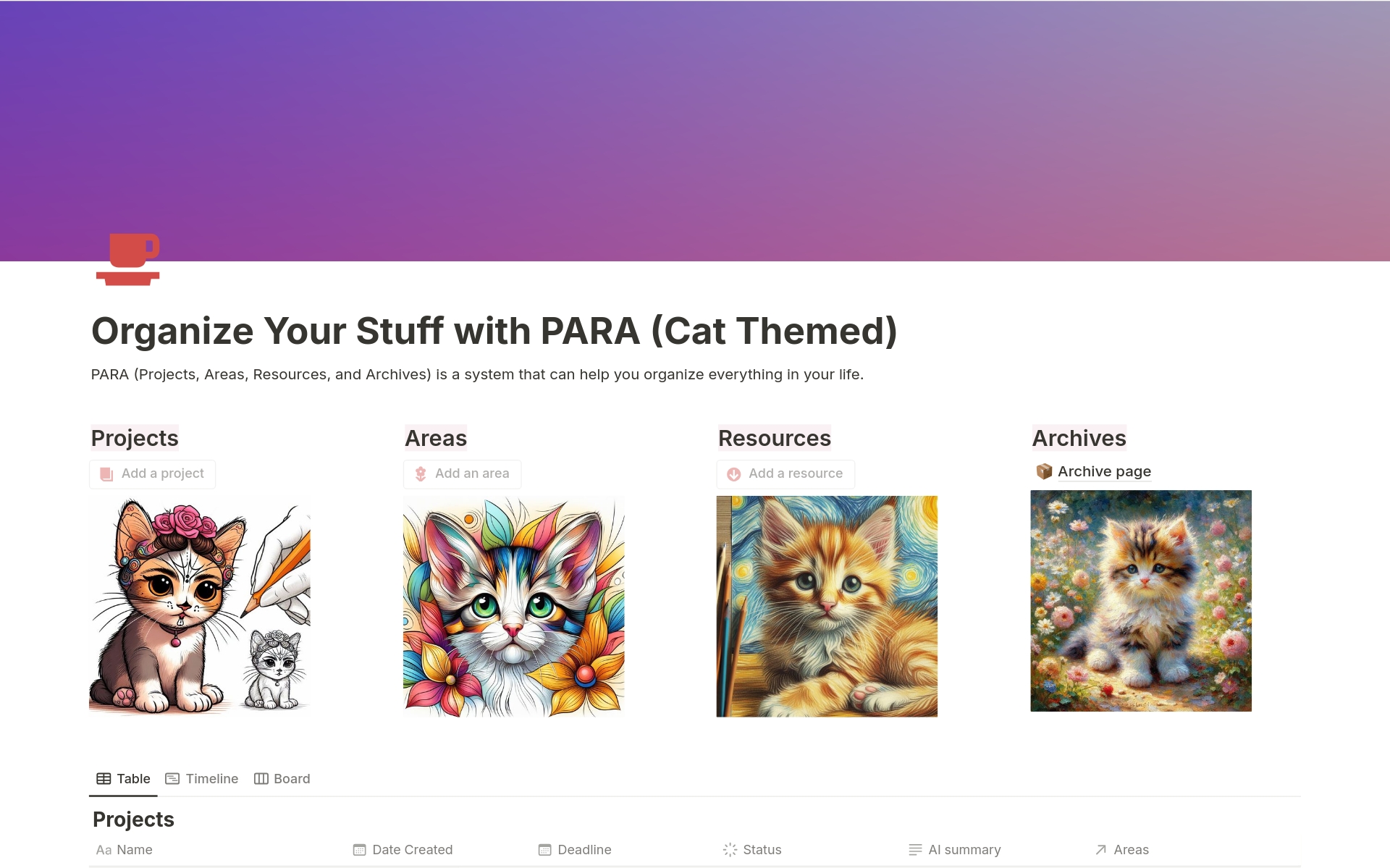 Eine Vorlagenvorschau für Organize Your Stuff With PARA (Cat themed)