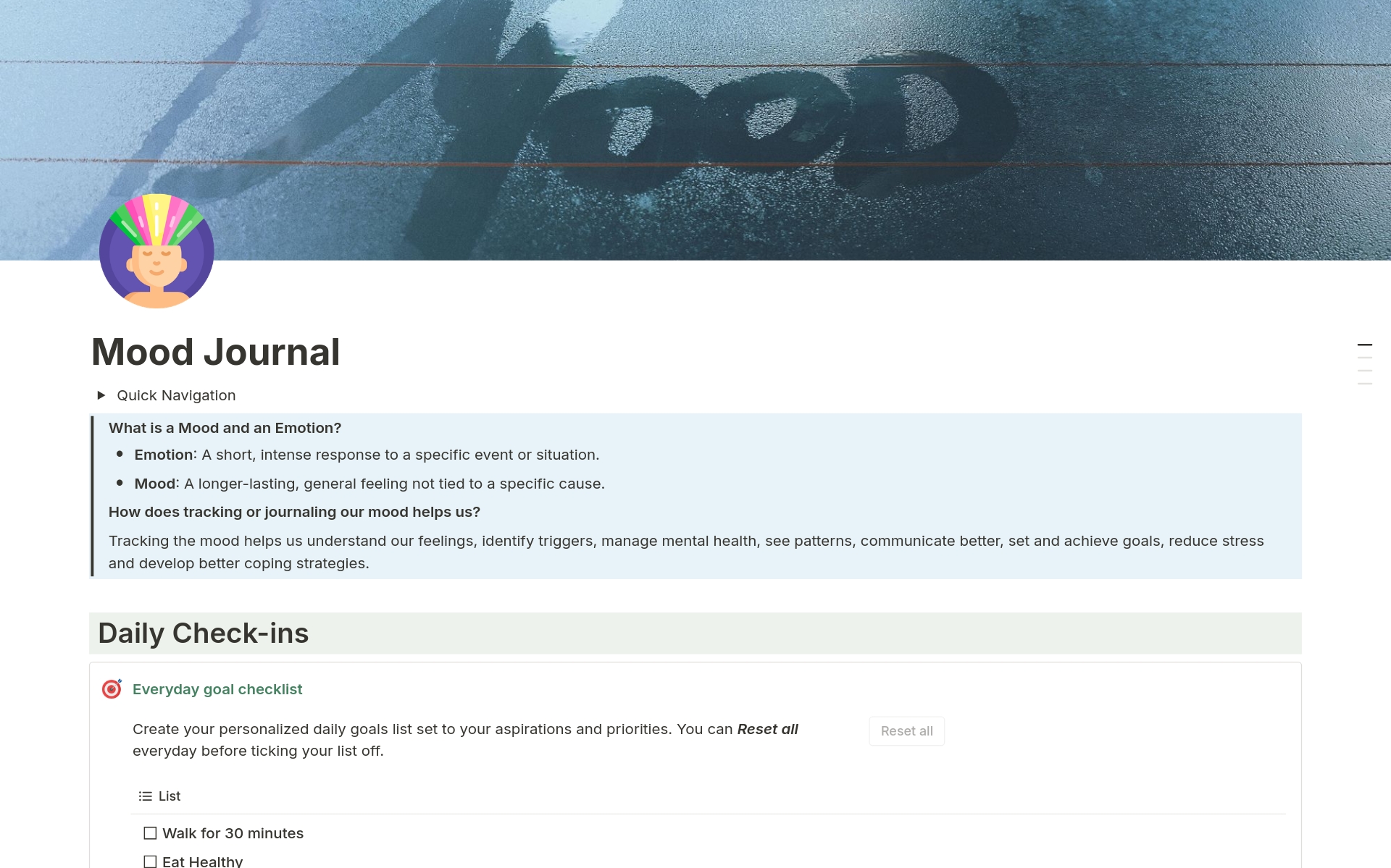 En förhandsgranskning av mallen för Mood Journal