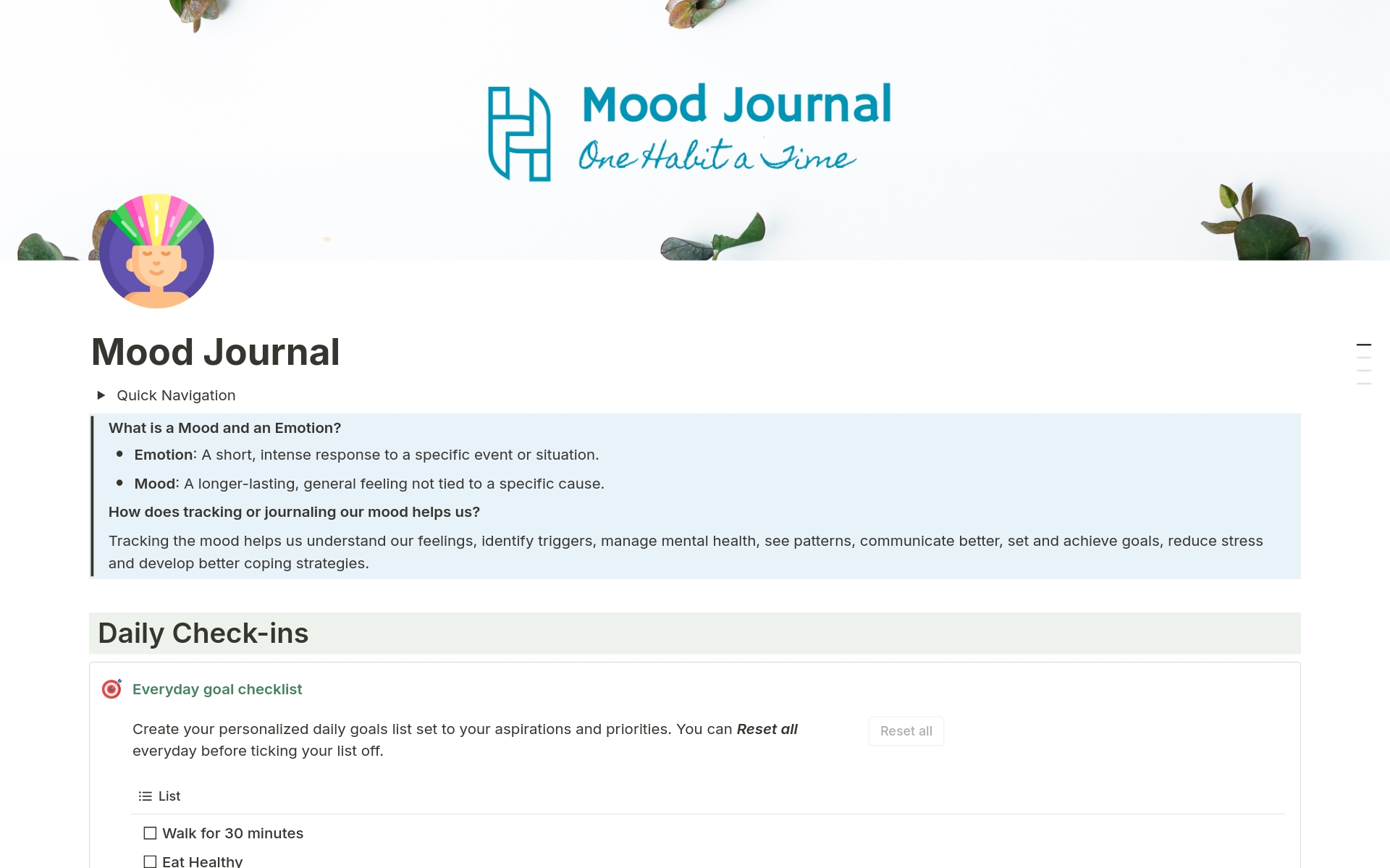 A template preview for Mood Journal