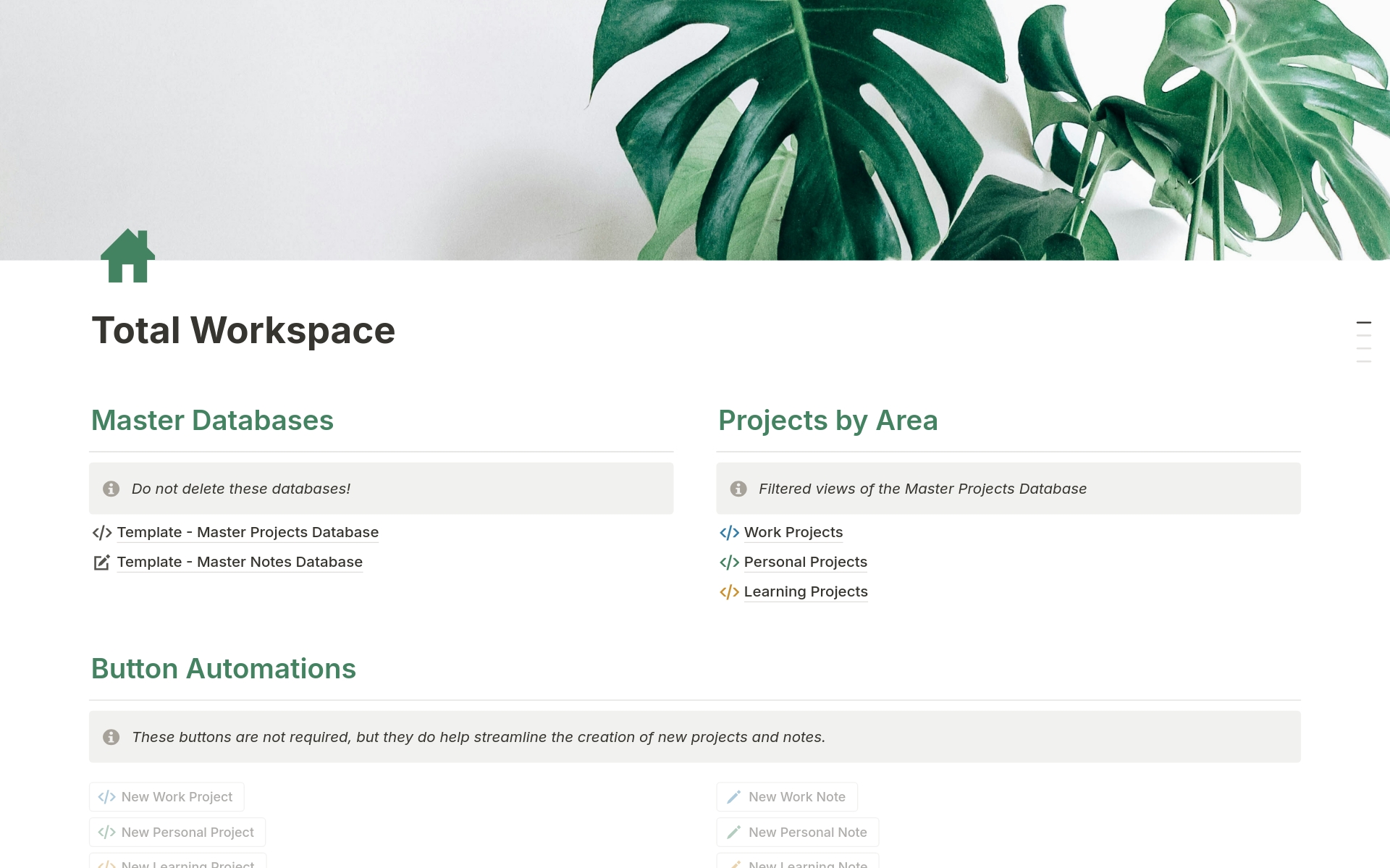 Total workspace framework for organizing life areas, projects, and related notes.