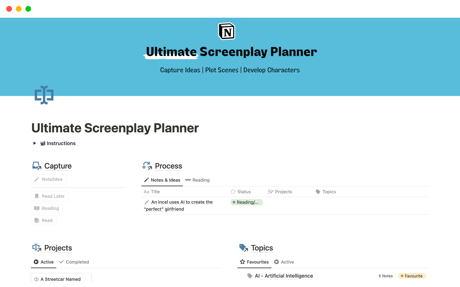 En förhandsgranskning av mallen för Ultimate Screenplay Planner