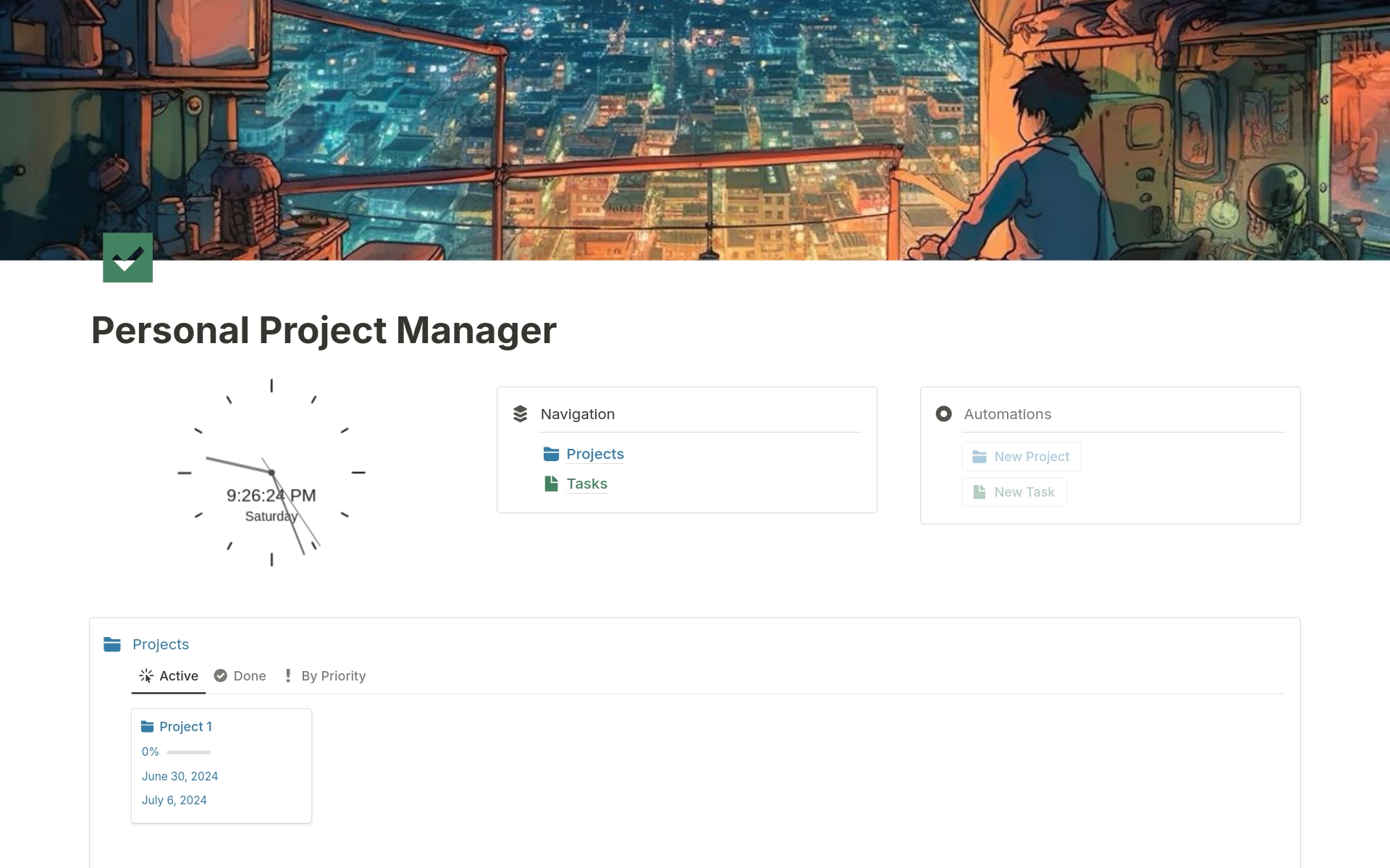 This a personal project manager with clear navigation, useful views, and automation, aimed at reducing the time it takes for set up and customization with ease of use.