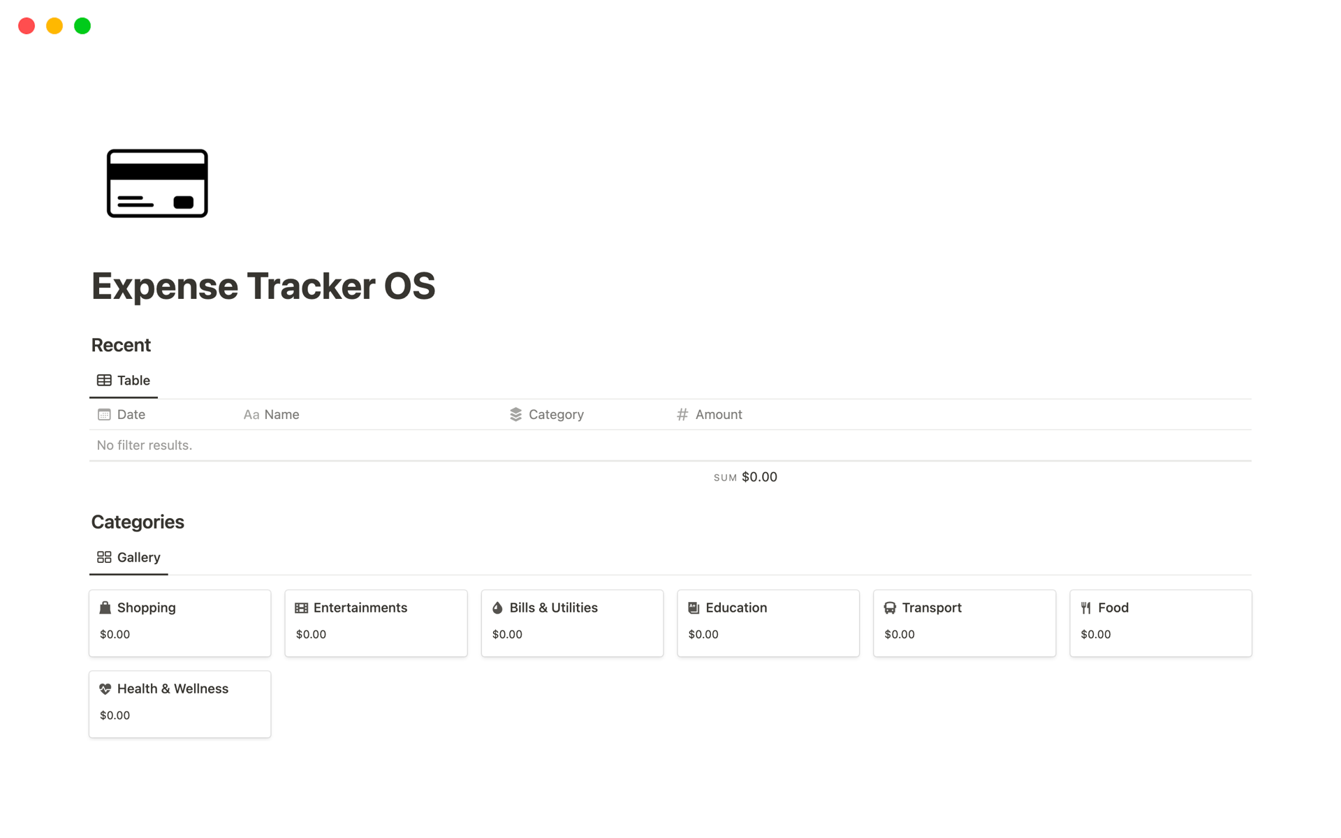 En forhåndsvisning av mal for Expense Tracker OS