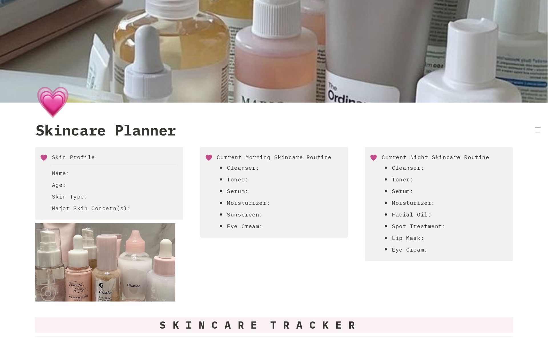A template preview for Pink Skincare Planner