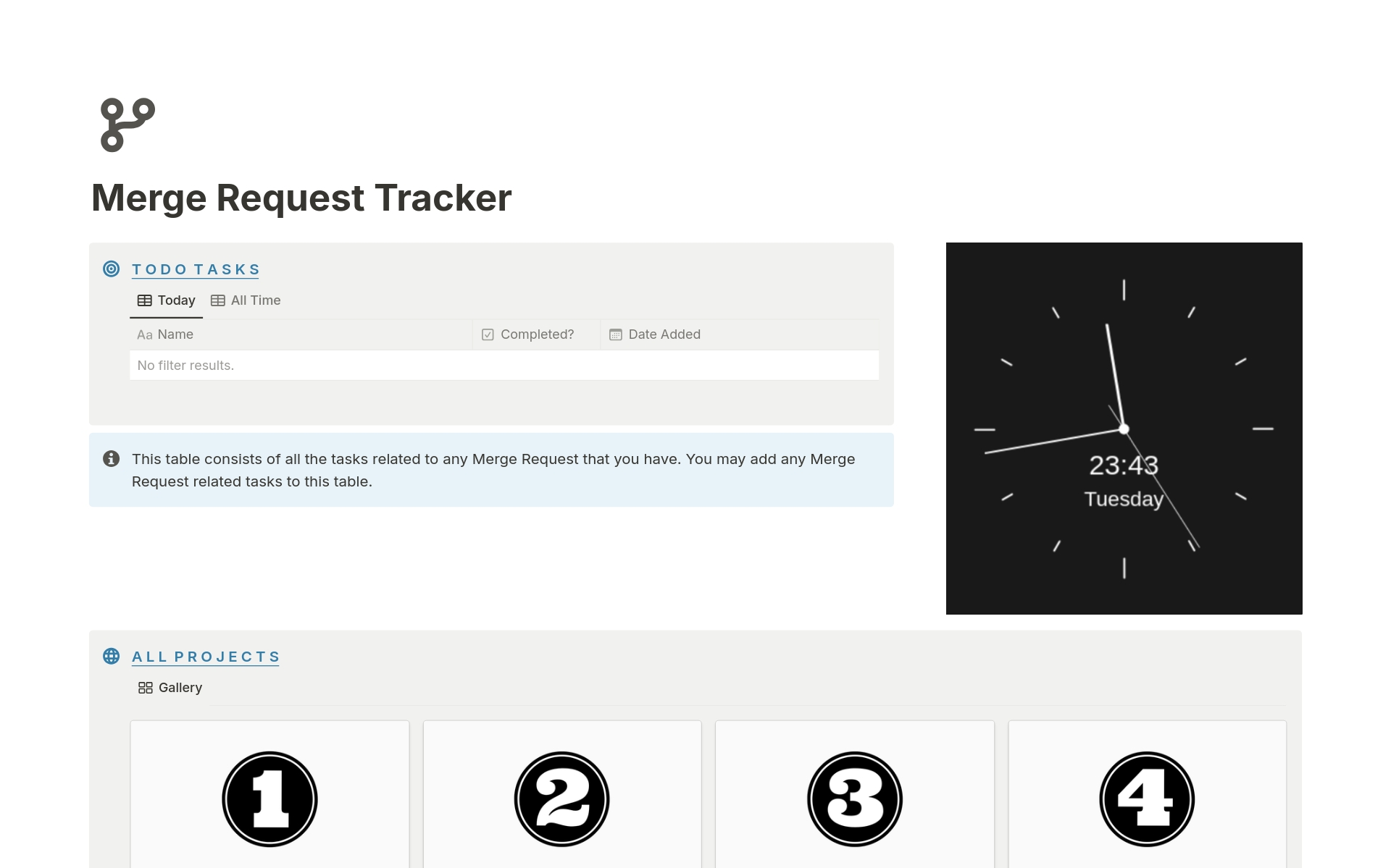 A template preview for Merge Request Tracker