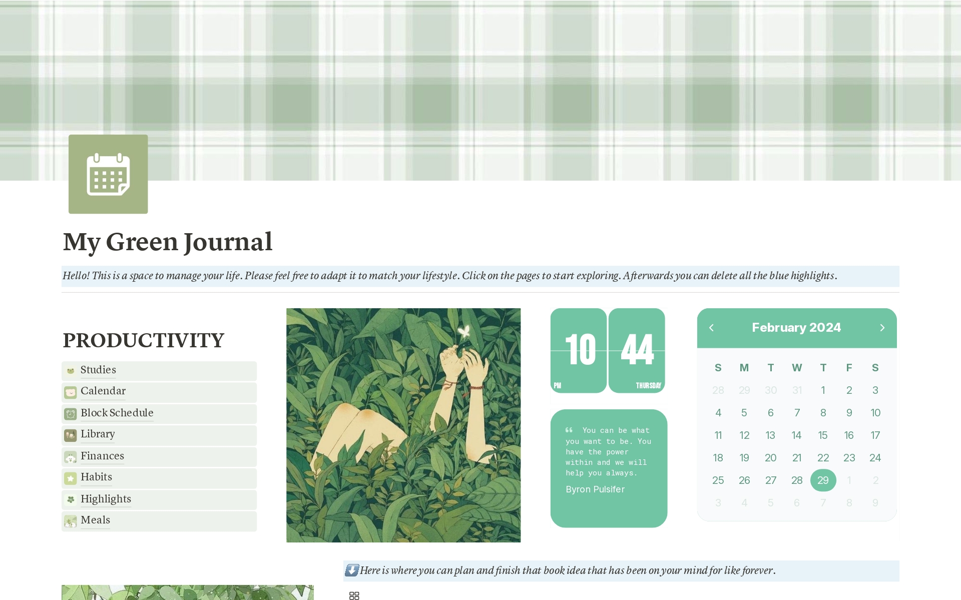 Eine Vorlagenvorschau für My Green Journal  —  Organize your cozy life