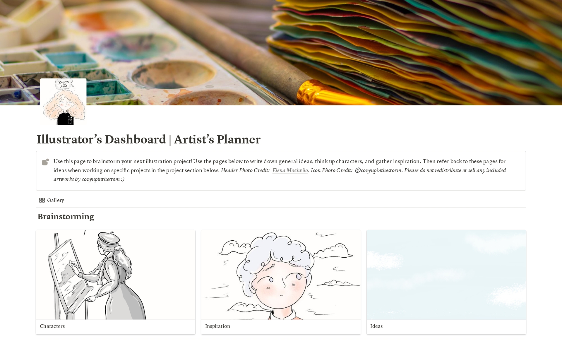En förhandsgranskning av mallen för Illustrator's Dashboard | Artist's Planner