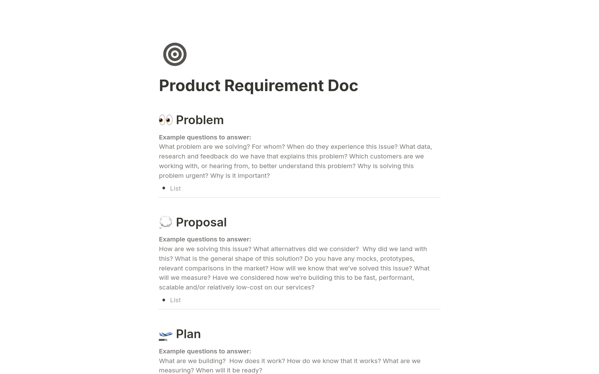 En förhandsgranskning av mallen för Product Requirement Doc