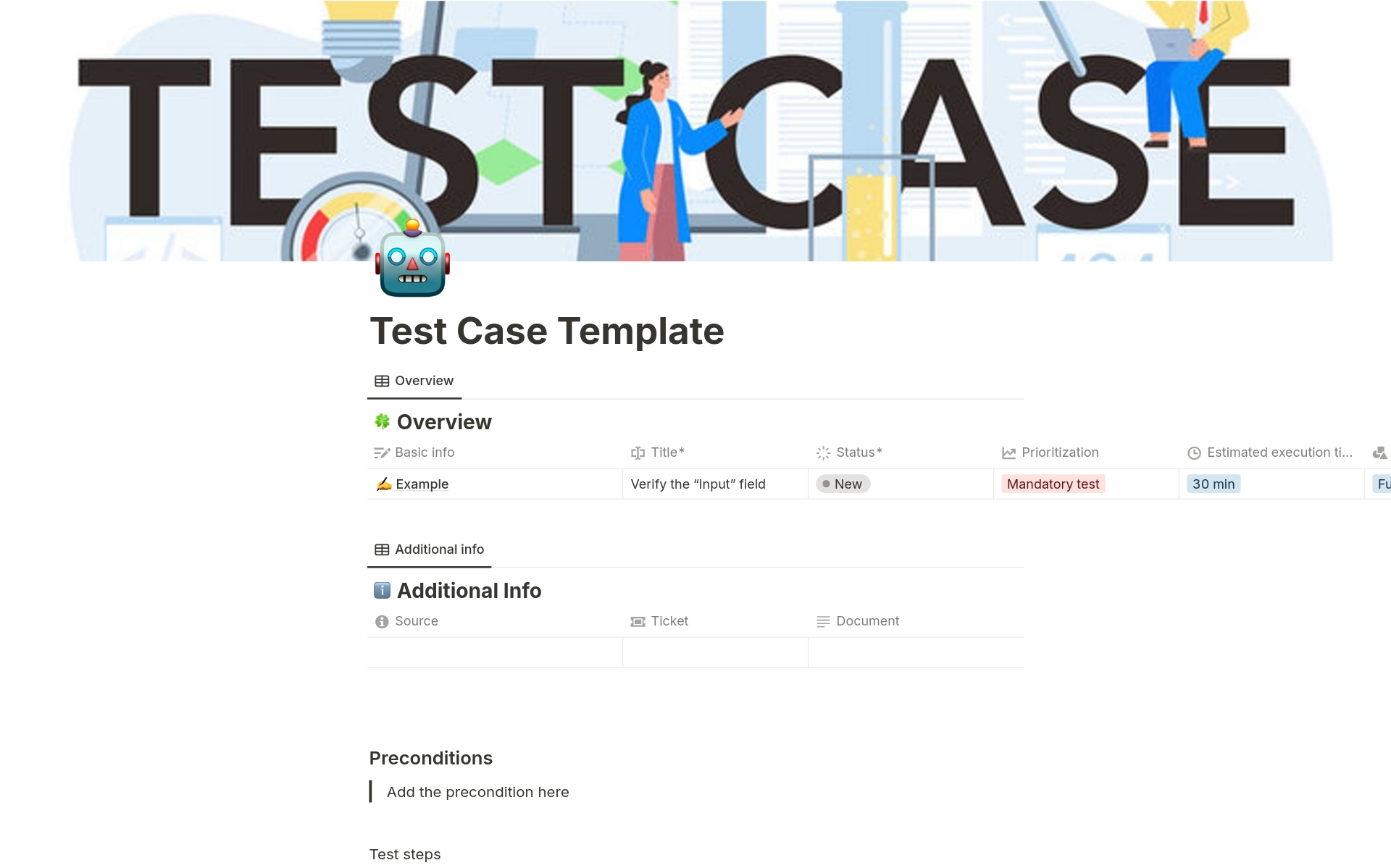 Vista previa de una plantilla para Test Case Management 