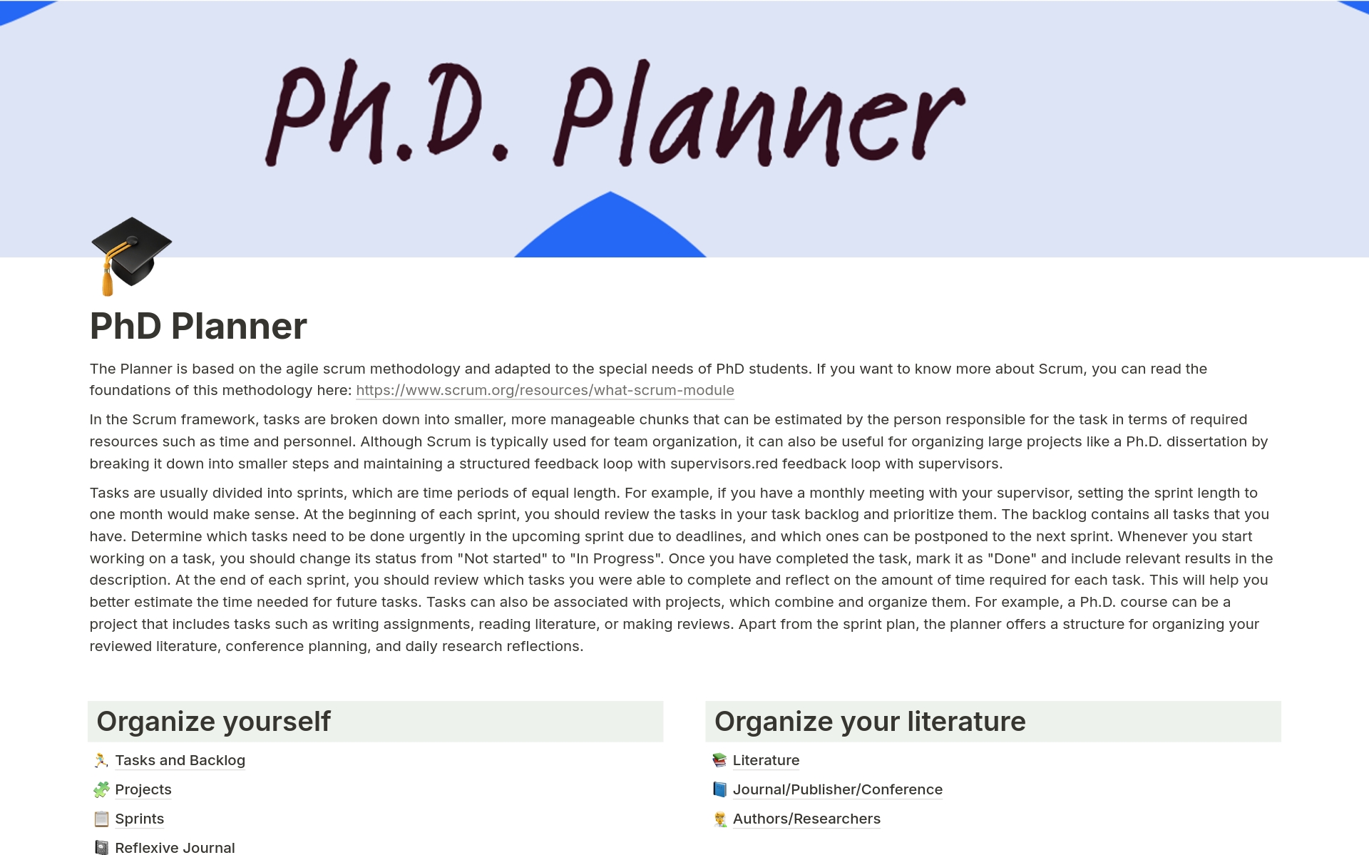 En forhåndsvisning av mal for PhD Planner and Literature Management