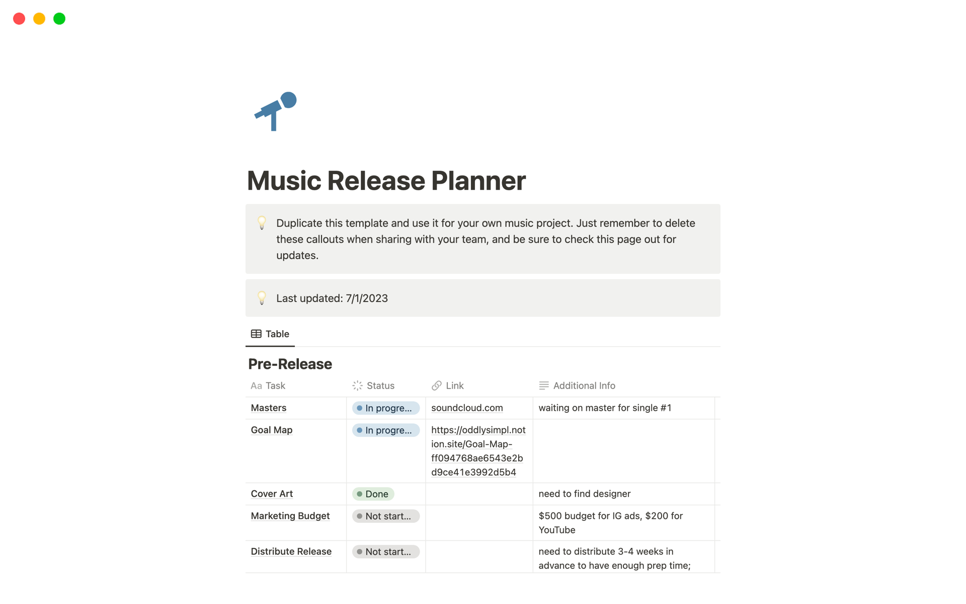 En forhåndsvisning av mal for Music Release Planner
