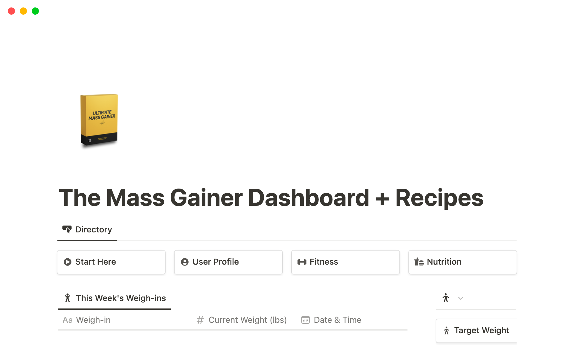 My template automatically calculates users maintenance and target macros to gain or lose weight, tracks daily macros consumed, and tracks daily workouts