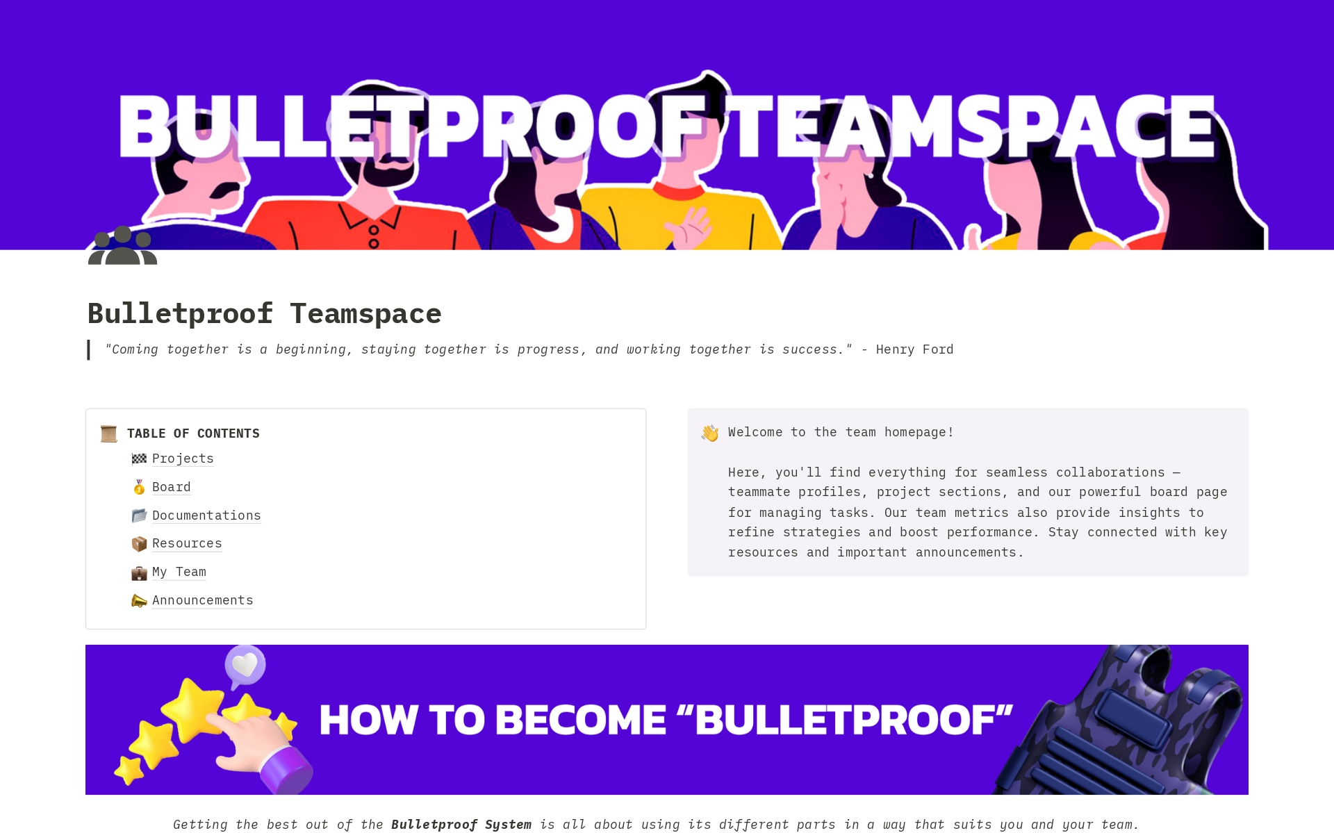 En förhandsgranskning av mallen för Bulletproof Teamspace