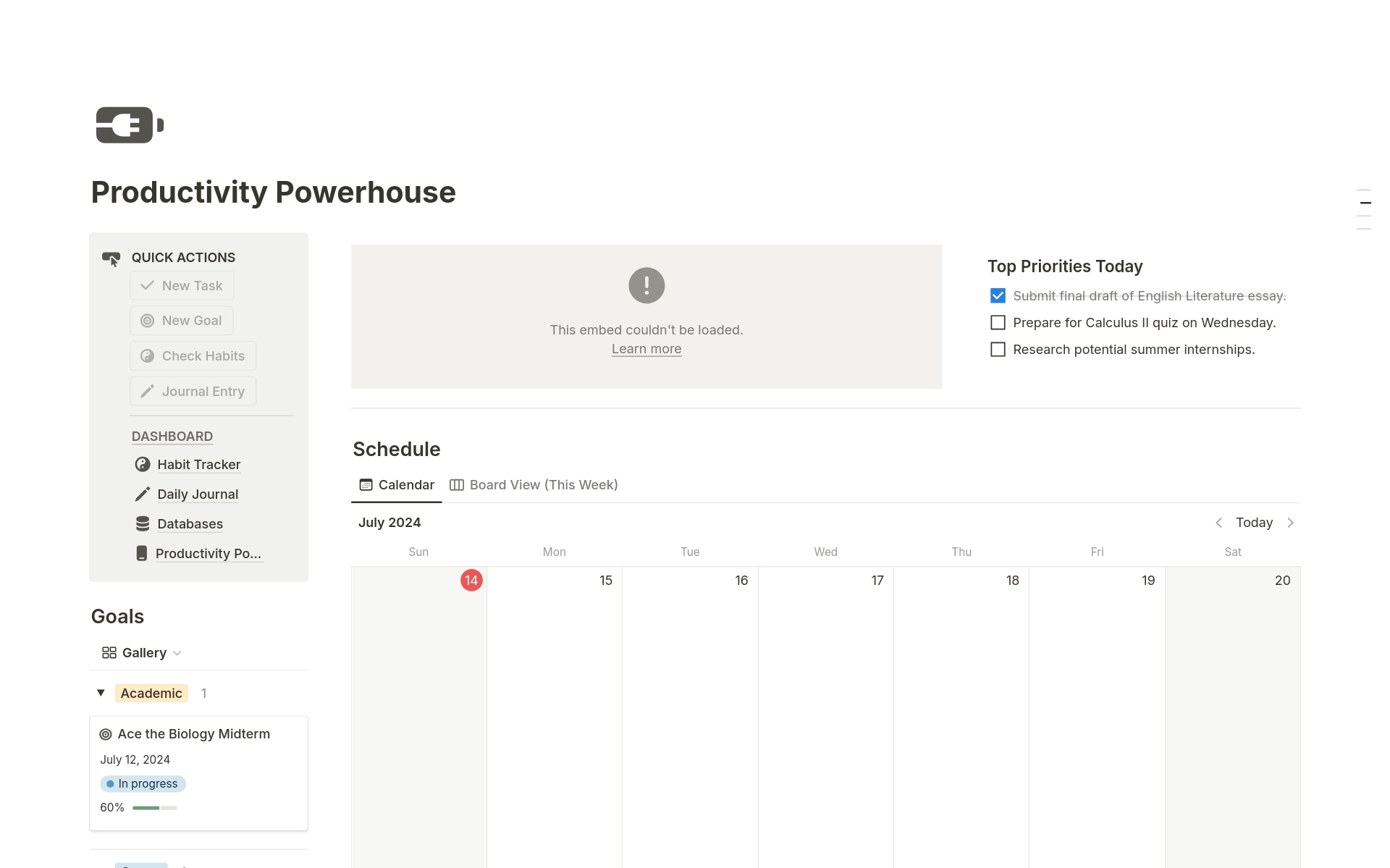 Tired of feeling overwhelmed by your to-do list? Wish you had more time in the day to achieve your goals? The Productivity Powerhouse template is your all-in-one solution for taking charge of your time, boosting productivity, and creating a life you love.