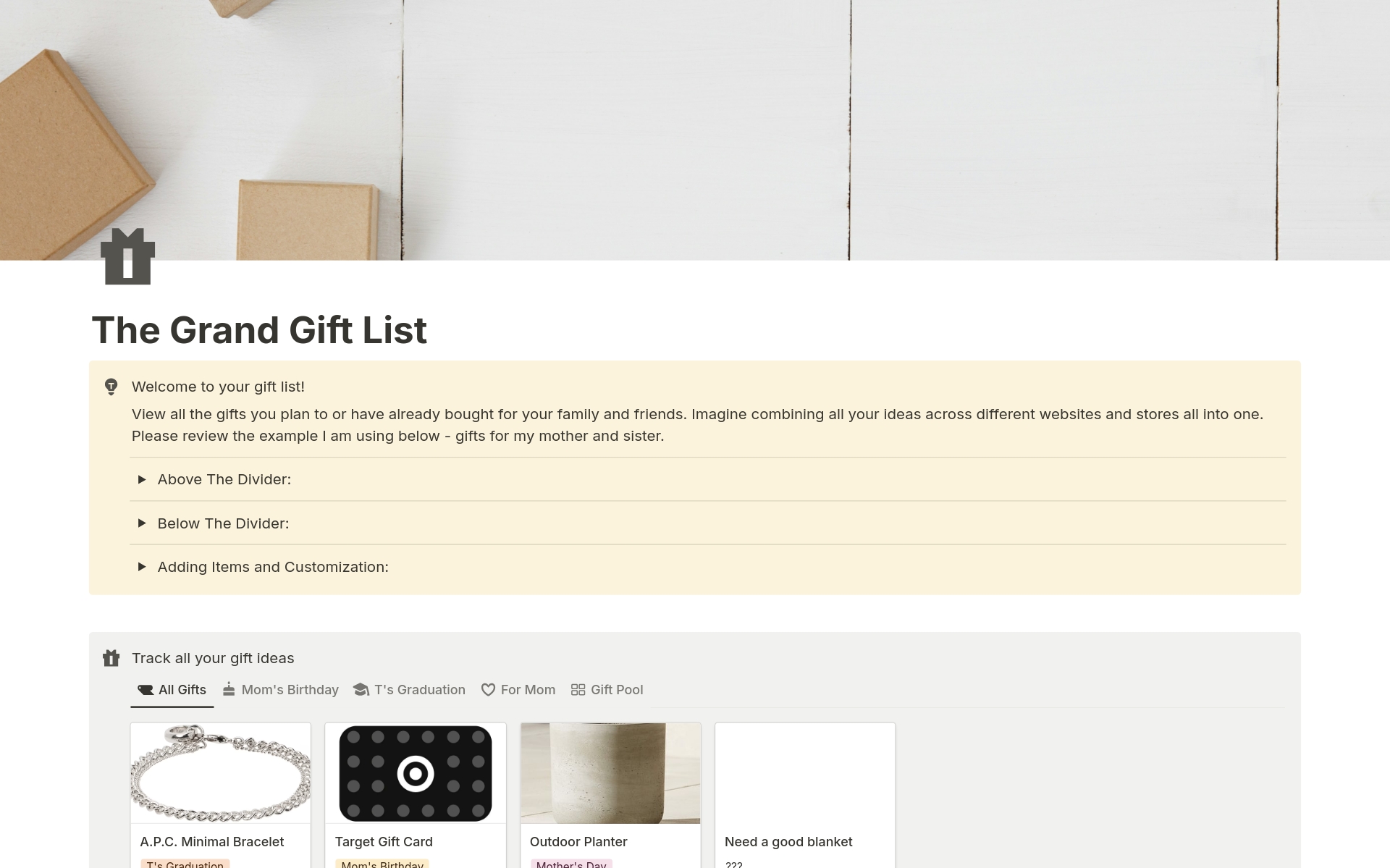 This template is a handy list for all the gifts you plan to buy for your family and friends.
