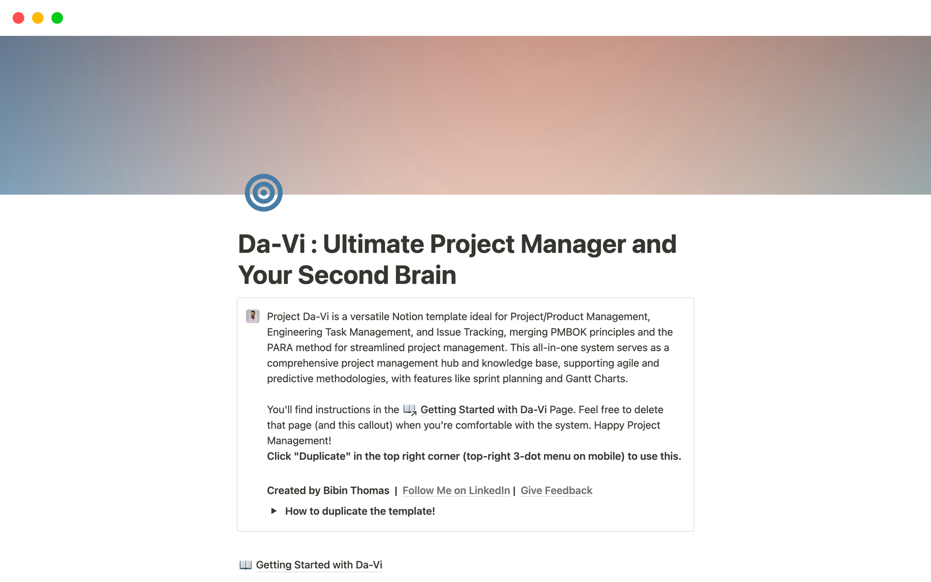 En förhandsgranskning av mallen för Da-Vi:Ultimate Project Manager & Your Second Brain