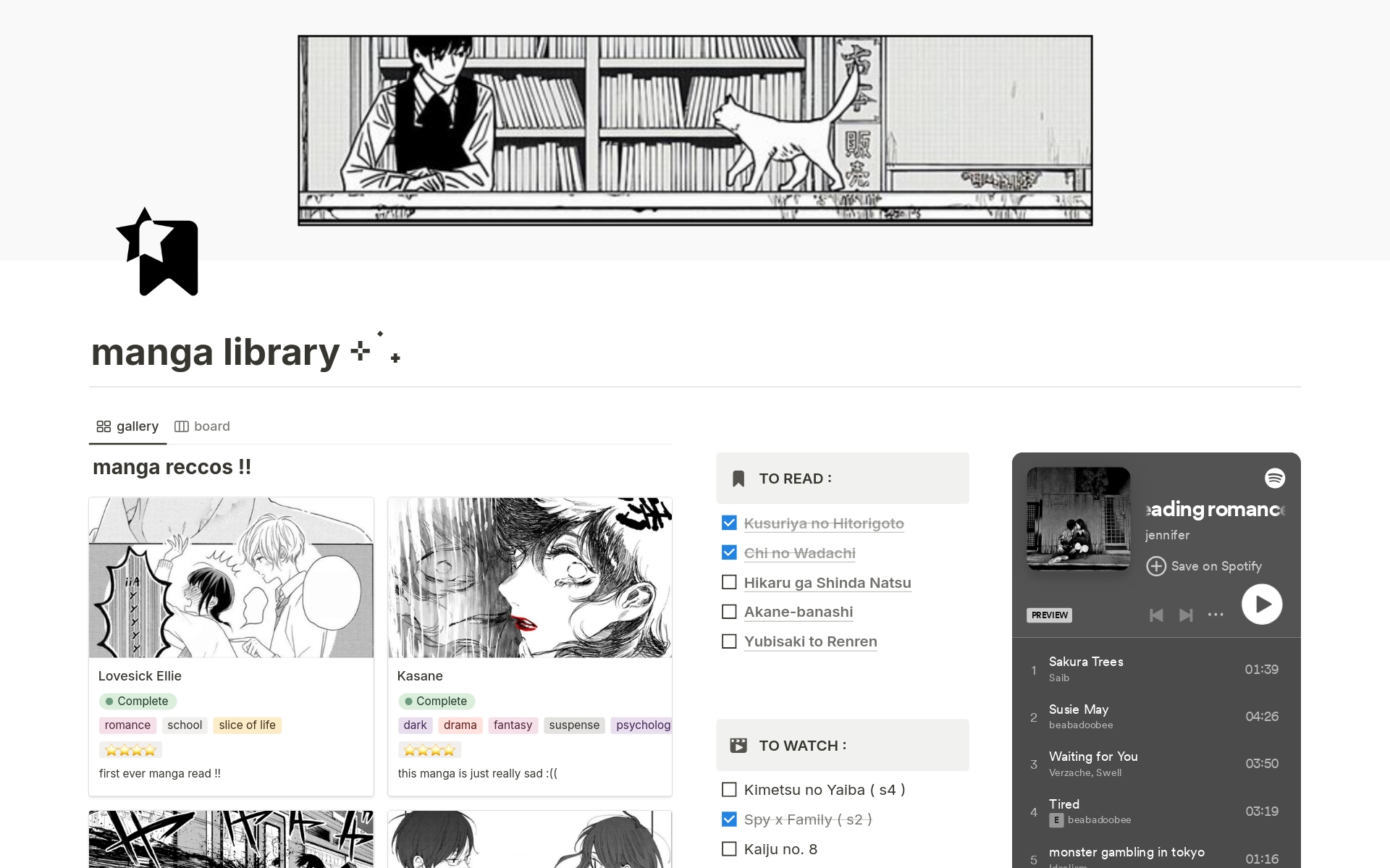 En forhåndsvisning av mal for Manga Reading Tracker Library